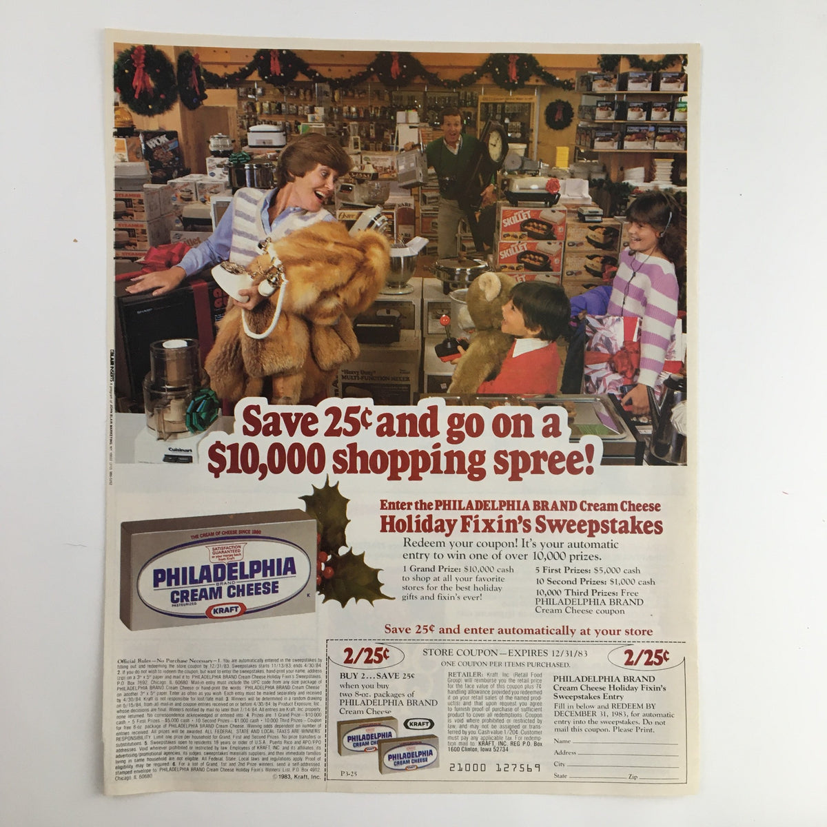Philadelphia Brand Cream Cheese 1983 ad promoting a Holiday Fixin's Sweepstakes with a woman at a store checkout, showcasing festive holiday attire and encouraging shoppers to participate for a chance to win a shopping spree.