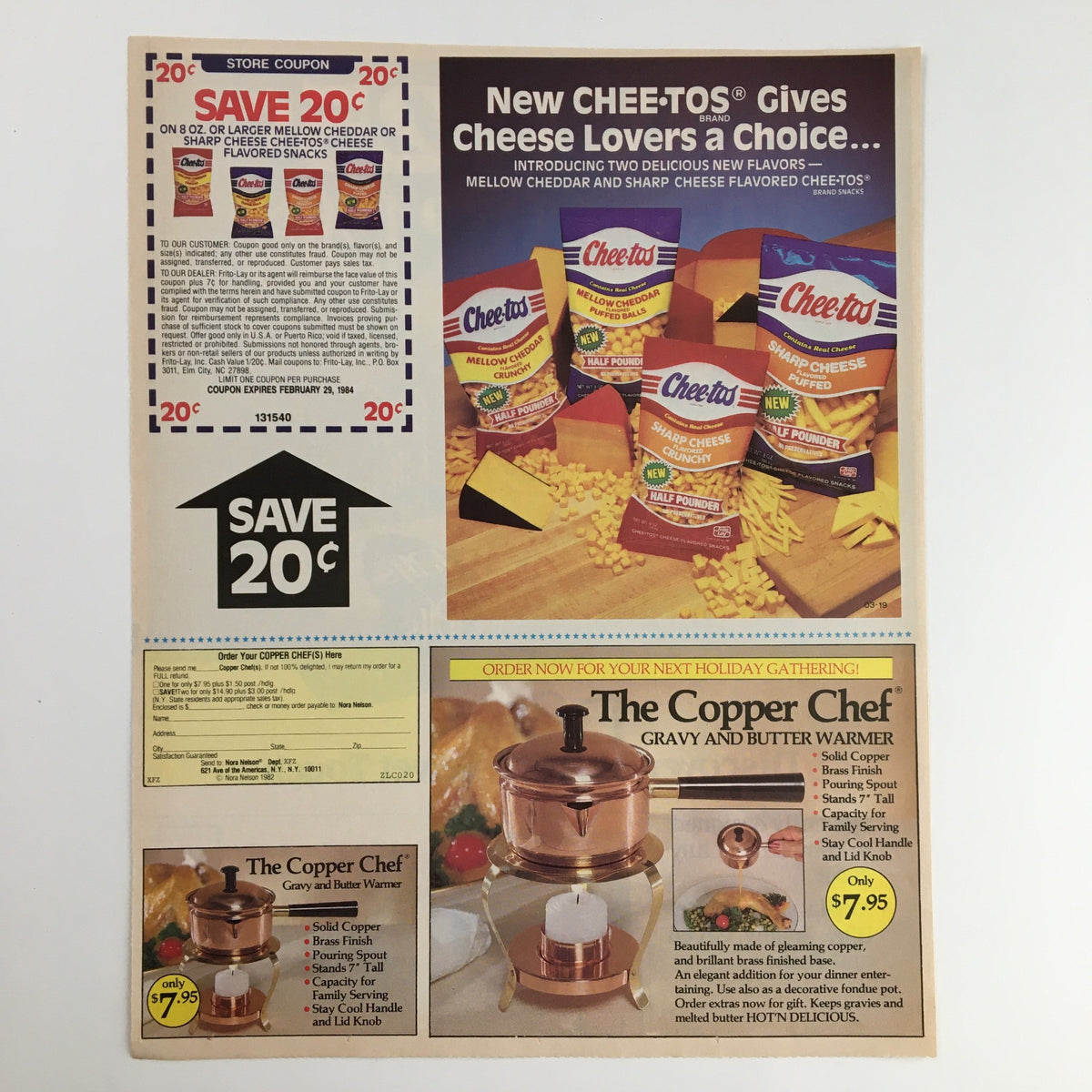 1984 coupon advertisement for Chee-tos snack products showcasing new flavors, with a savings offer of 20 cents. The image also includes a promotional section for The Copper Chef gravy and butter warmer.