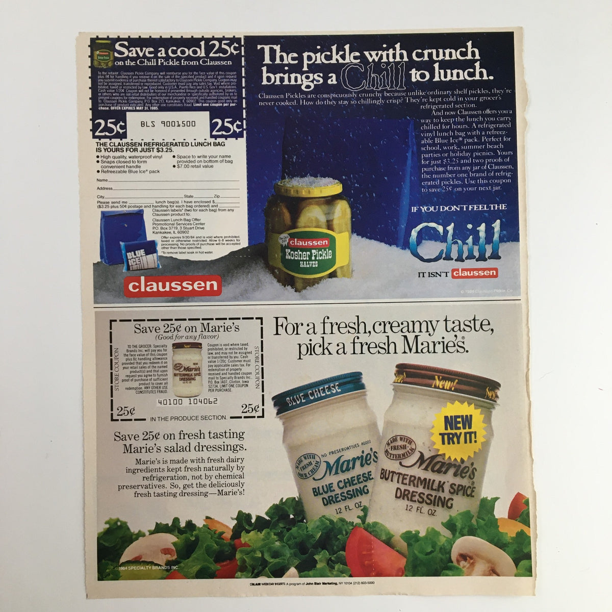 1984 Kool-Aid Rainbow Punch Circular Coupon Advertisement featuring additional ads for Claussen pickles and Marie's dressings, showcasing vintage promotional material from the era.