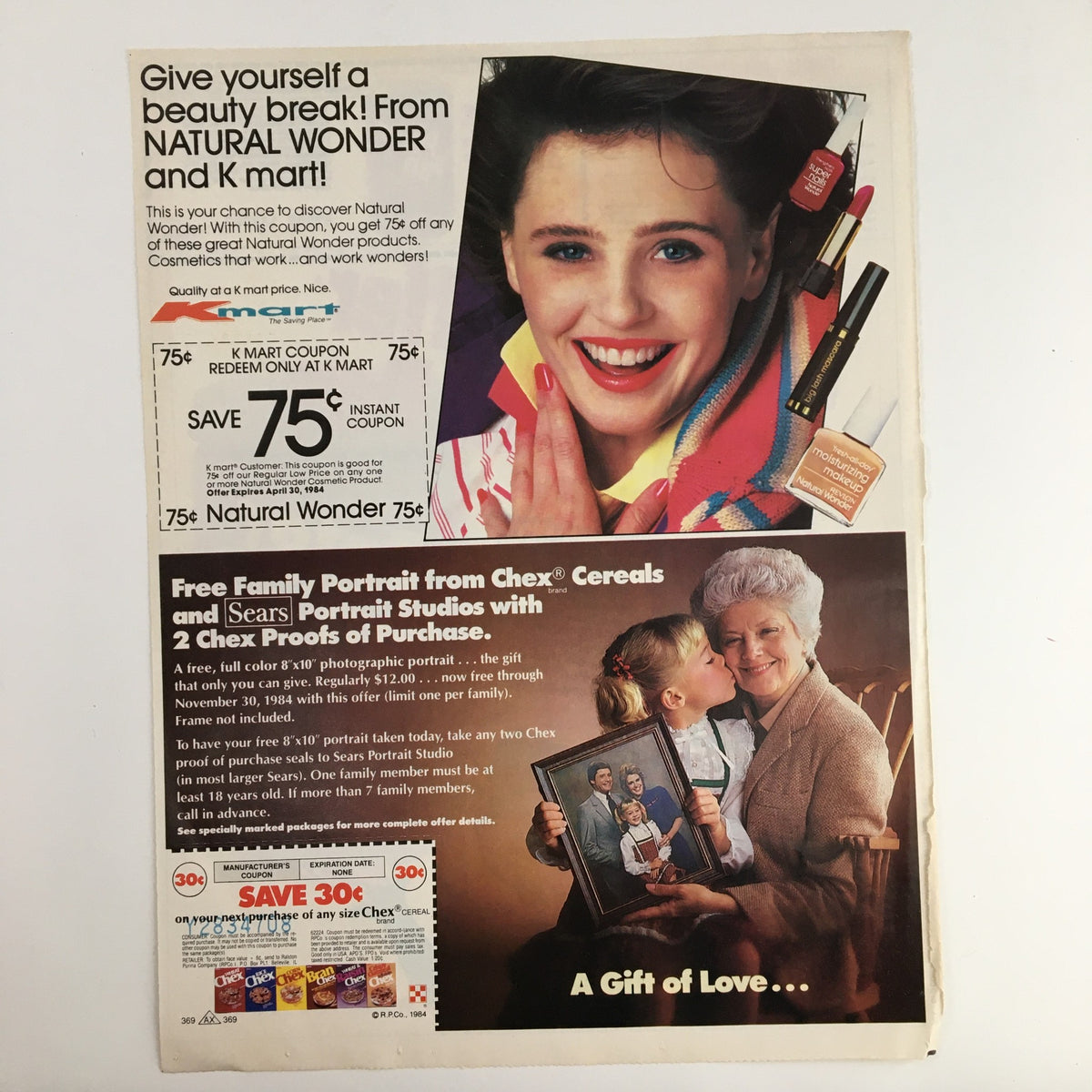 Advertisement featuring 1984 K Mart promotion for Natural Wonder products with a smiling woman holding colorful beauty items. It includes details about saving 75 cents on Natural Wonder products and offers a free family portrait from Chex Cereals and Sears Portrait Studios.