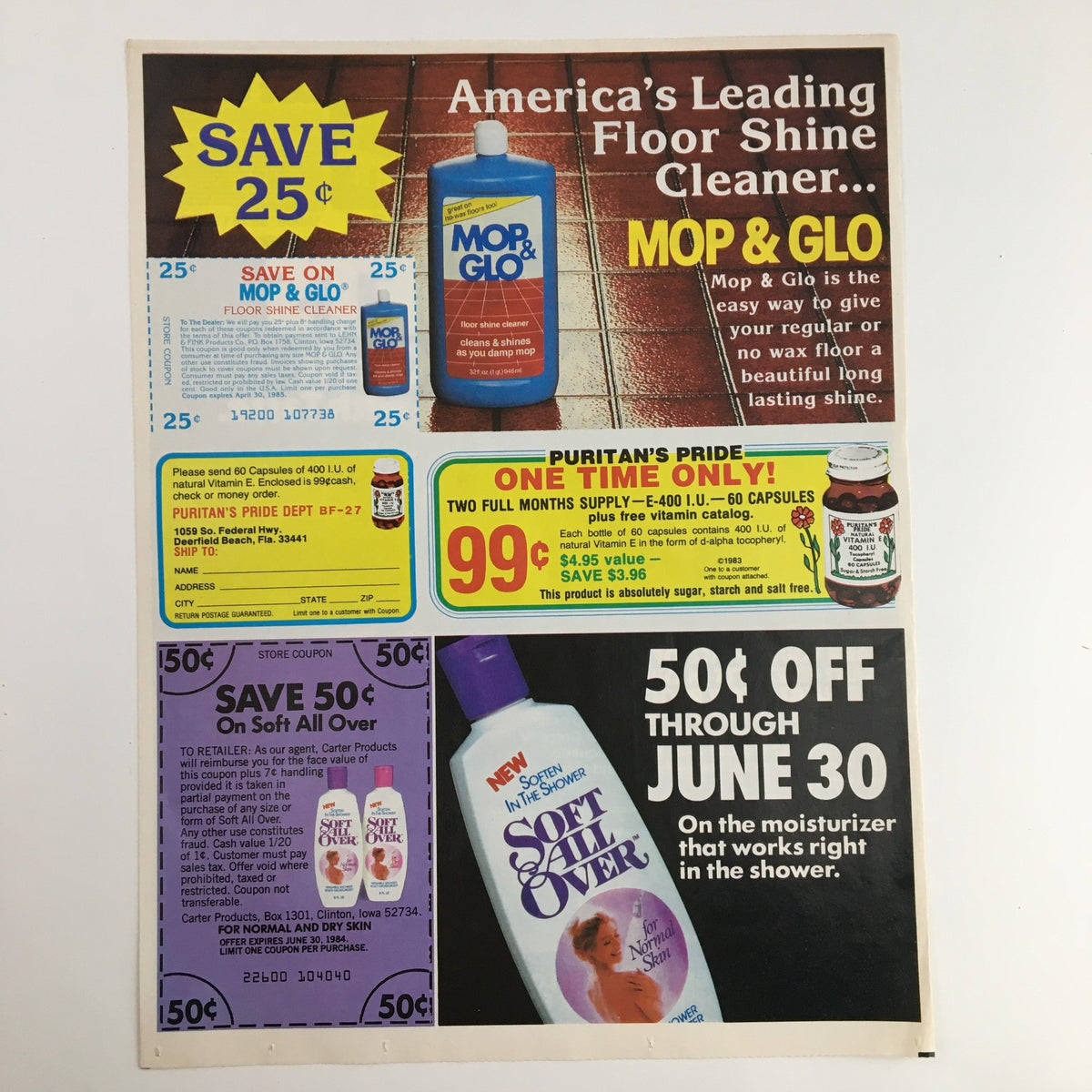 Advertisement for Puritan's Mop & Glo floor cleaner and Soft & Silky shower moisturizer, highlighting discounts and savings opportunities.