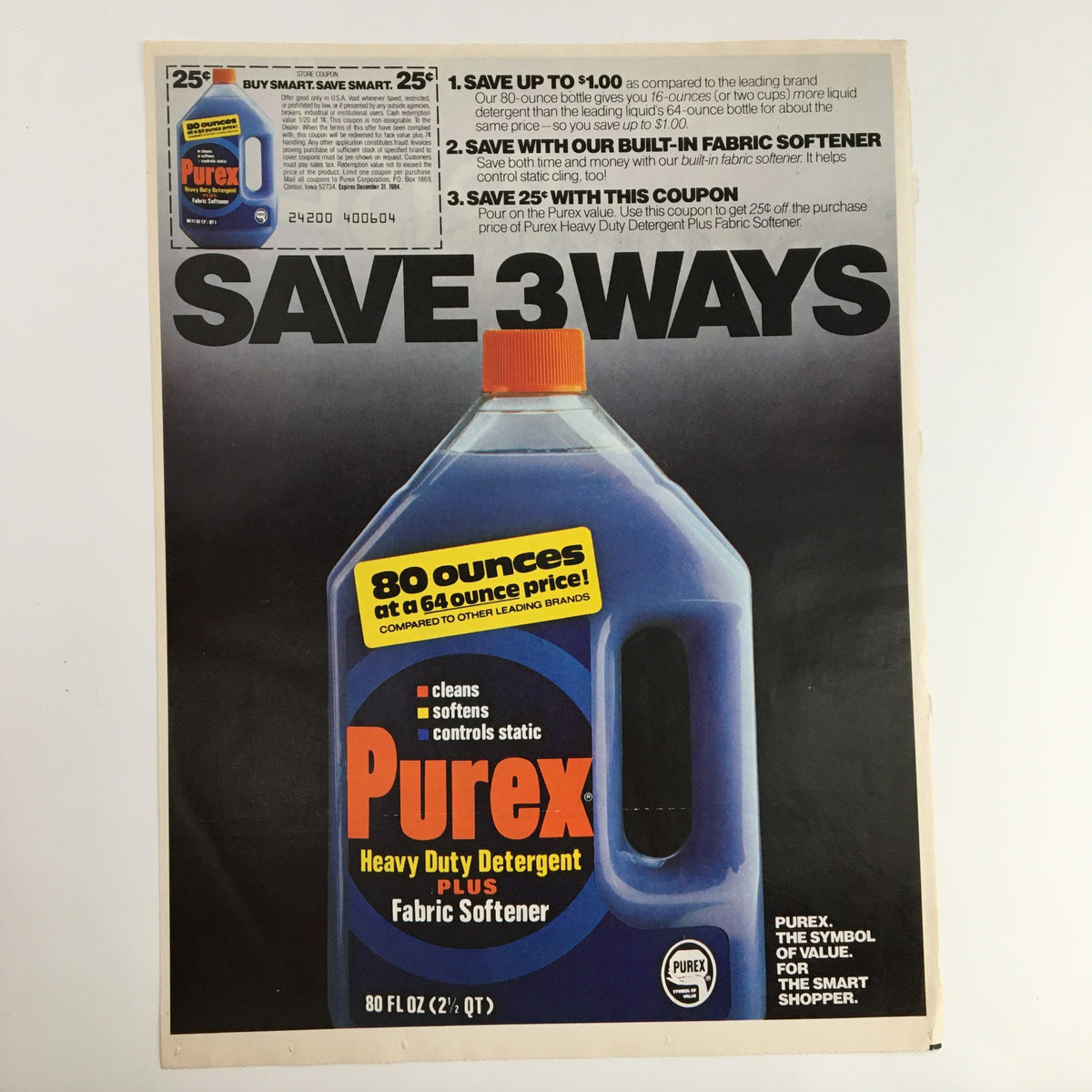 1984 Purex Heavy Duty Detergent Fabric Softener Coupon Advertisement highlighting a large blue container of Purex, with coupon savings and product features displayed prominently.