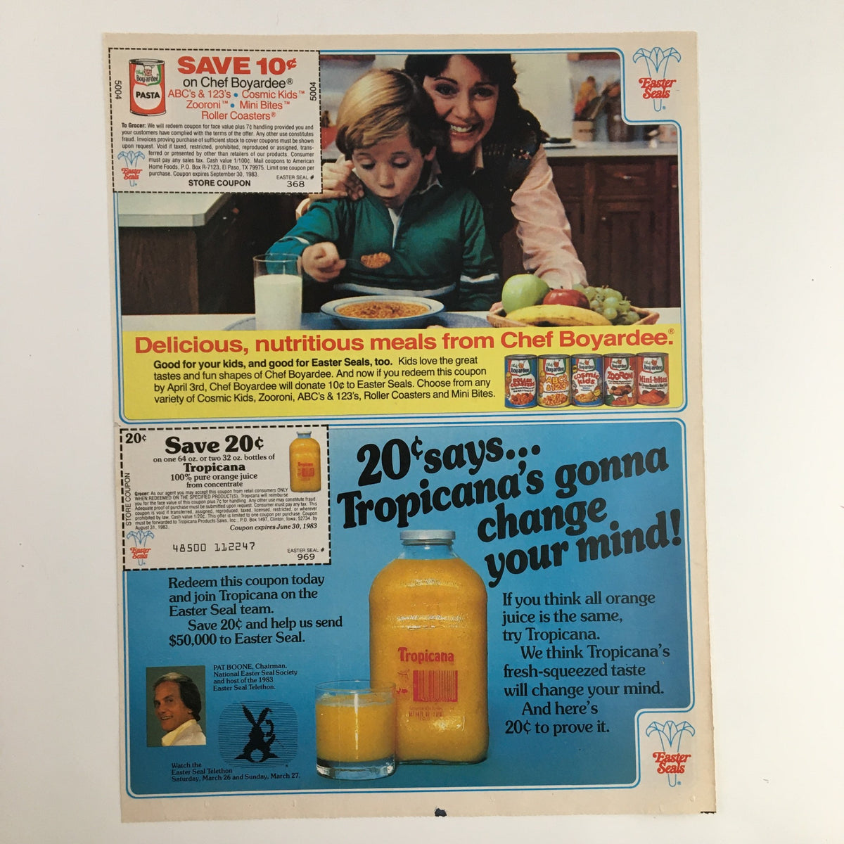 1983 Purina Dog Chow Dog Food Circular Coupon Advertisement showcasing a colorful page with various advertising discounts, including a Tropicana drink offer.