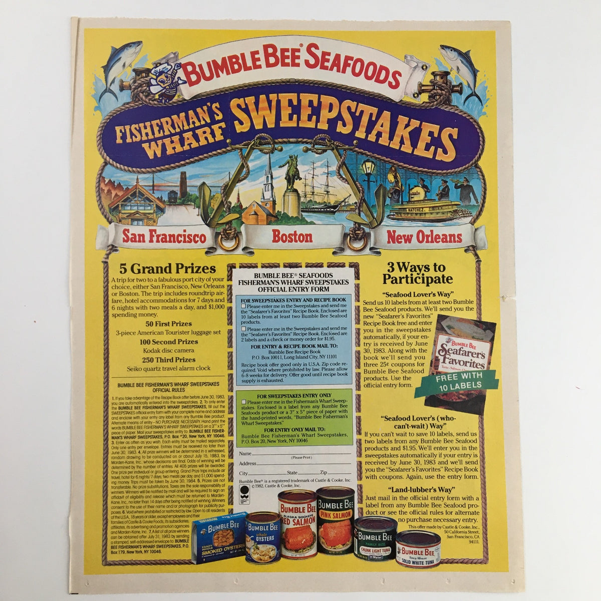 Promotional advertisement for Bumble Bee Seafoods Fisherman's Wharf Sweepstakes, featuring prizes, entry information, and colorful graphics of San Francisco, Boston, and New Orleans.
