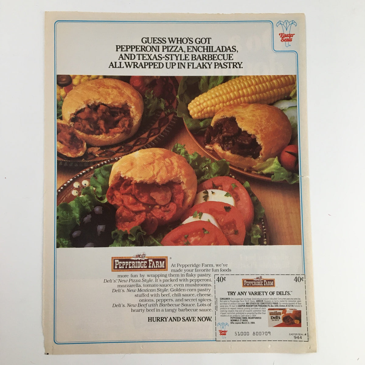 1983 Reynolds Wrap Aluminum Foil Circular Coupon Advertisement featuring a colorful food spread, including Pepperidge Farm products, appealing visuals with a coupon at the bottom.