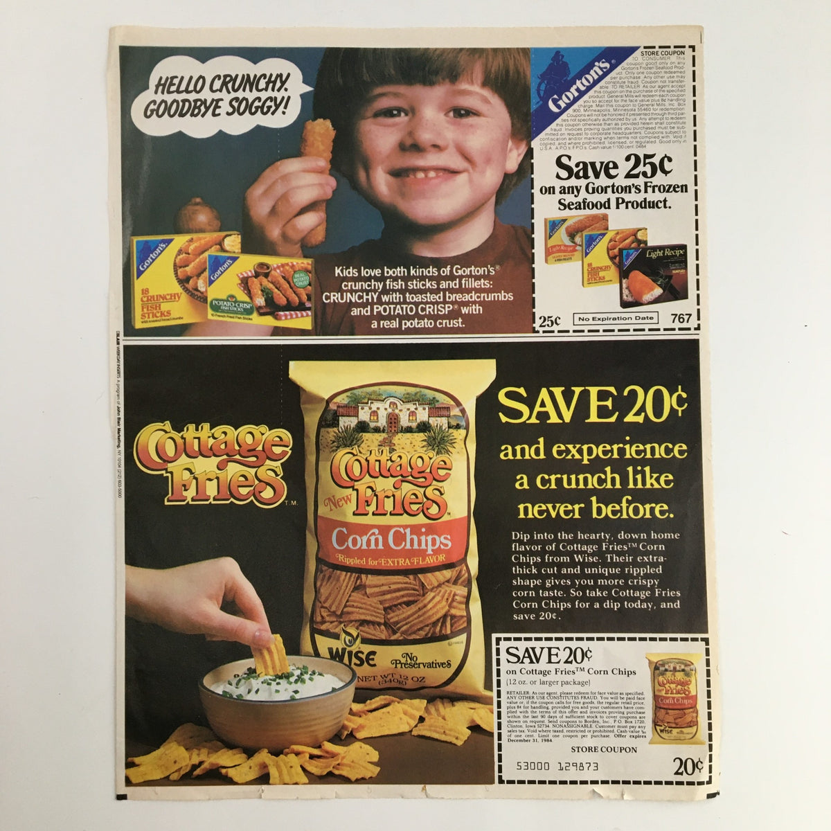1984 Perma Soft Shampoo & Conditioner Circular Coupon Advertisement showcasing two food product ads, one highlighting Gorton's crunchy fish sticks and the other promoting Cottage Fries Corn Chips, emphasizing savings coupons from the 1980s.
