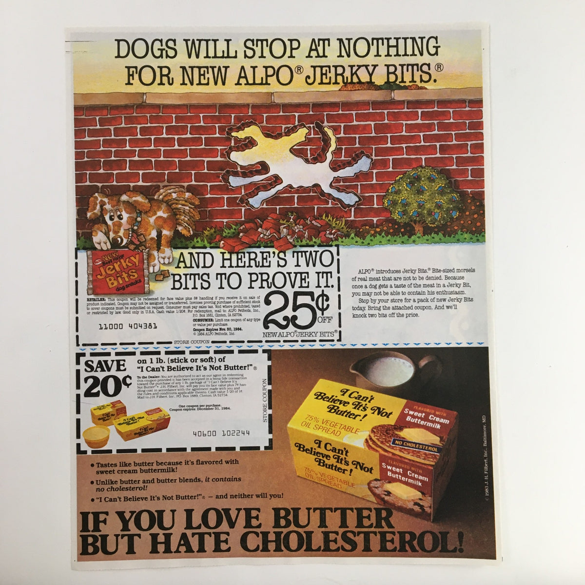 1984 Alpo Jerky Bits Advertisement demonstrating two product offers with enticing visuals and promotional savings. Highlighting pet food marketing with an engaging layout.