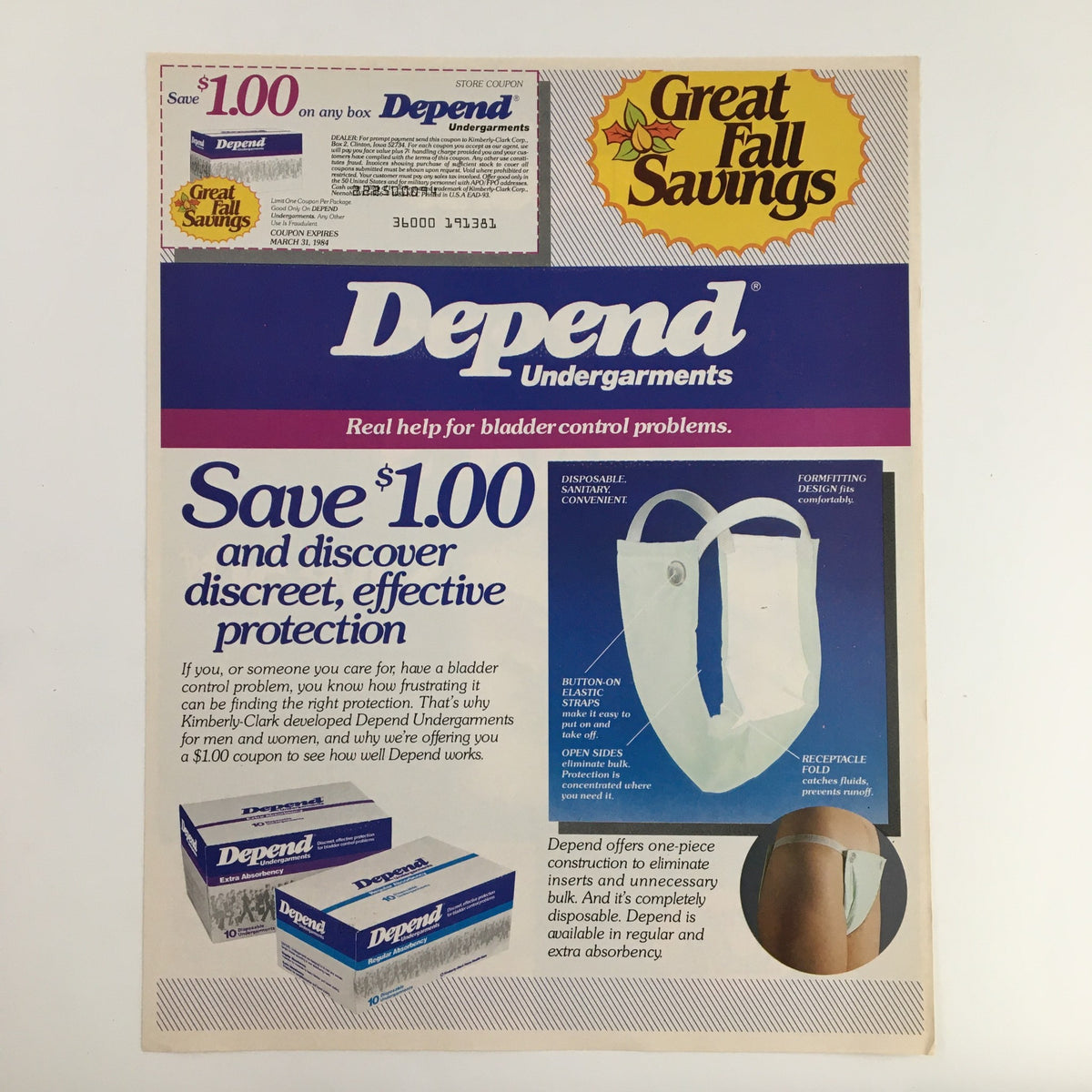 1983 Depend Undergarments Coupon Advertisement featuring information about the product with a $1 savings coupon for discreet bladder control protection.
