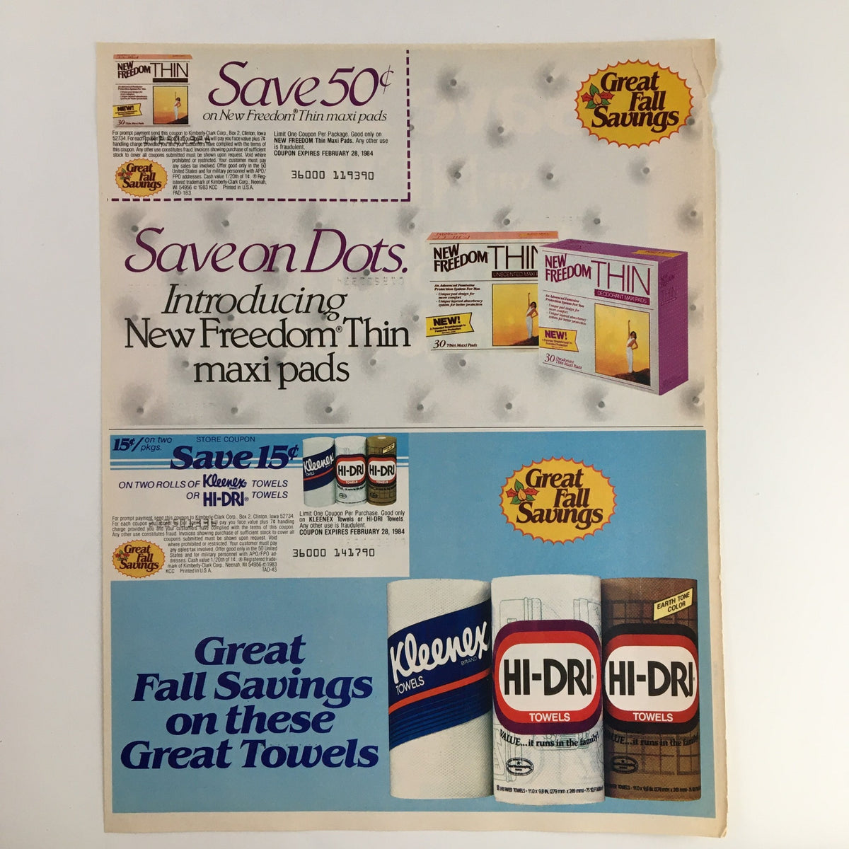 1983 Kleenex Brand Tissues Circular Coupon Advertisement featuring additional promotional offers, including savings on Kleenex towels and other products.