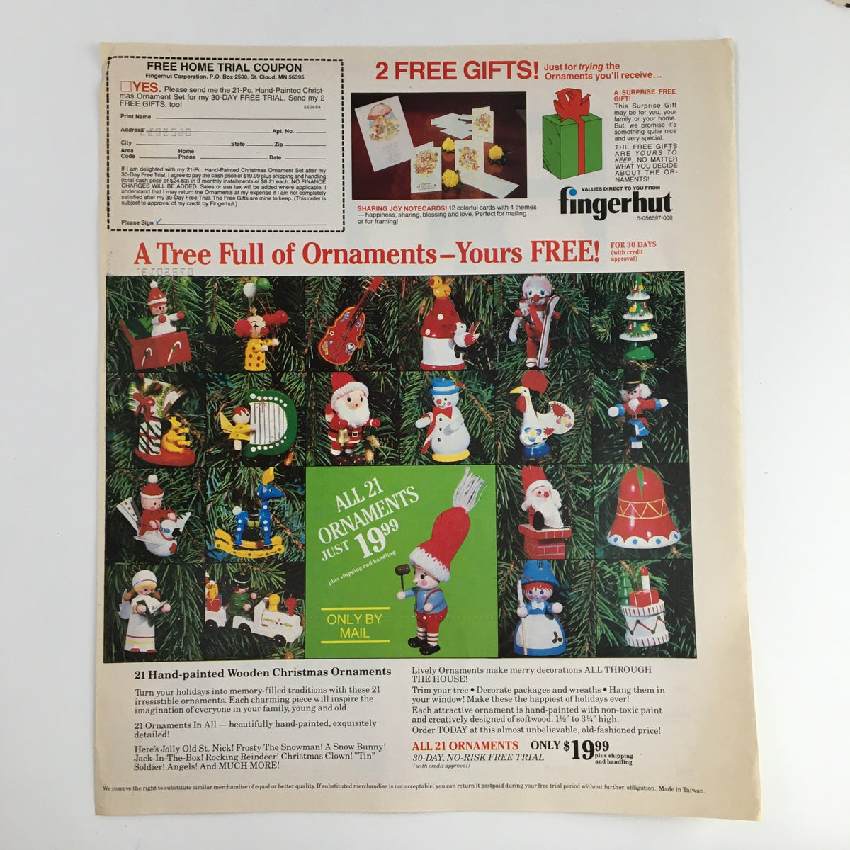 1983 Fingerhut advertisement titled 'A Tree Full of Ornaments—Yours FREE!' displaying a variety of 21 hand-painted wooden Christmas ornaments, showcasing colorful holiday designs and a promotional offer for only $19.