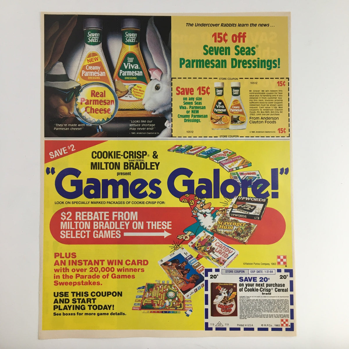 1984 Care Children's Products Circular Coupon Advertisement featuring games and promotions, including a rebate for Cookie-Crisp cereal and discounts on Parmesan cheese. High-quality vintage advertisement showcasing offers and instant win card details.
