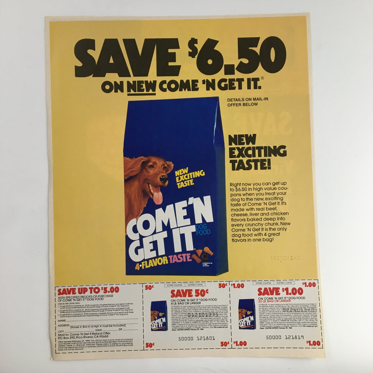 1984 Cascade Automatic Dishwashing Detergent Circular Coupon Advertisement showcasing the offer to save $6.50 on new Come 'N Get It. Features eye-catching design with prominent text detailing the exciting new flavor and offers.