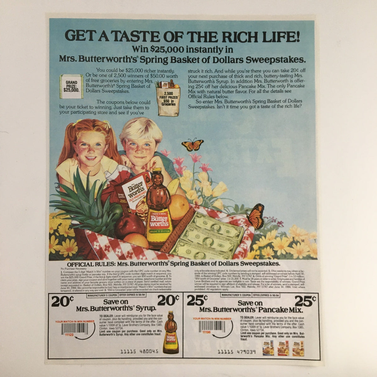 1984 advertisement for Mrs. Butterworth's Spring Basket of Dollars Sweepstakes featuring two children, product images, and details on how to enter the sweepstakes.