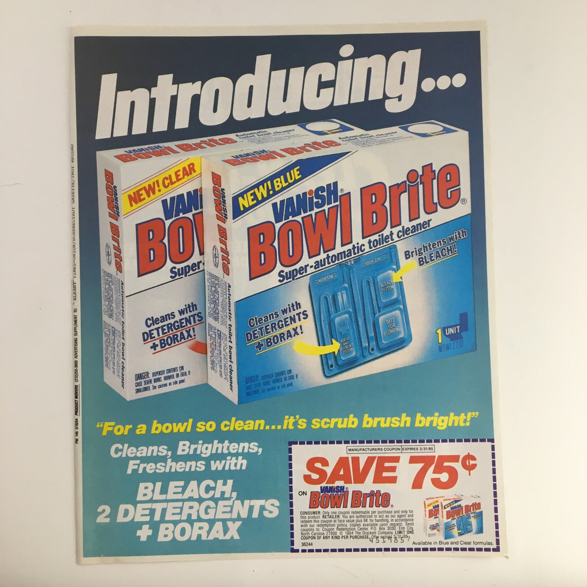 1984 Vanish Bowl Brite Toilet Cleaner Circular Coupon Advertisement showcasing the product with a focus on its cleaning benefits, featuring two packages and a promotional saving offer. The advertisement highlights its use with bleach and detergents, emphasizing the ease of use and effectiveness for toilet cleaning.
