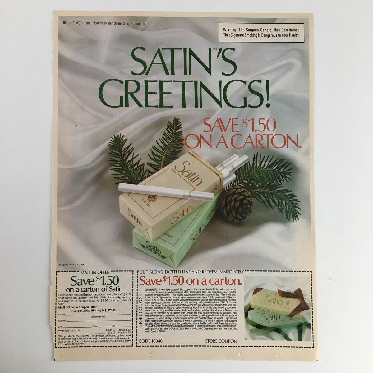 Satin's Greetings coupon advertisement offering $1.50 off on a carton, featuring elegant imagery and holiday accents.