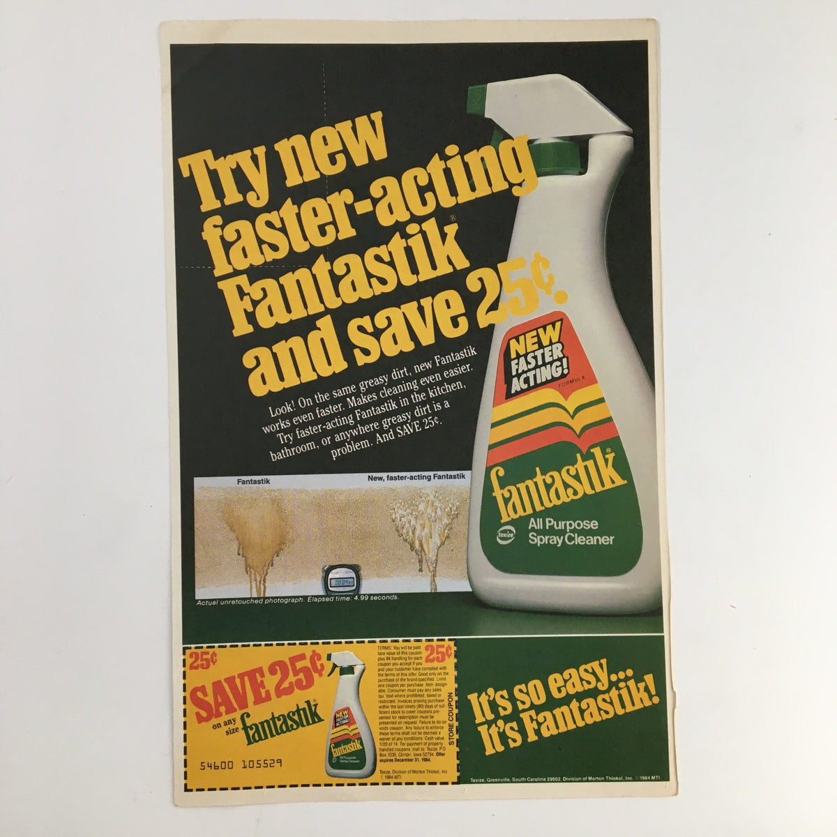 Advertisement for new faster-acting Fantastik all-purpose spray cleaner, promoting a 25 cent discount, with visuals showing its cleaning effectiveness.