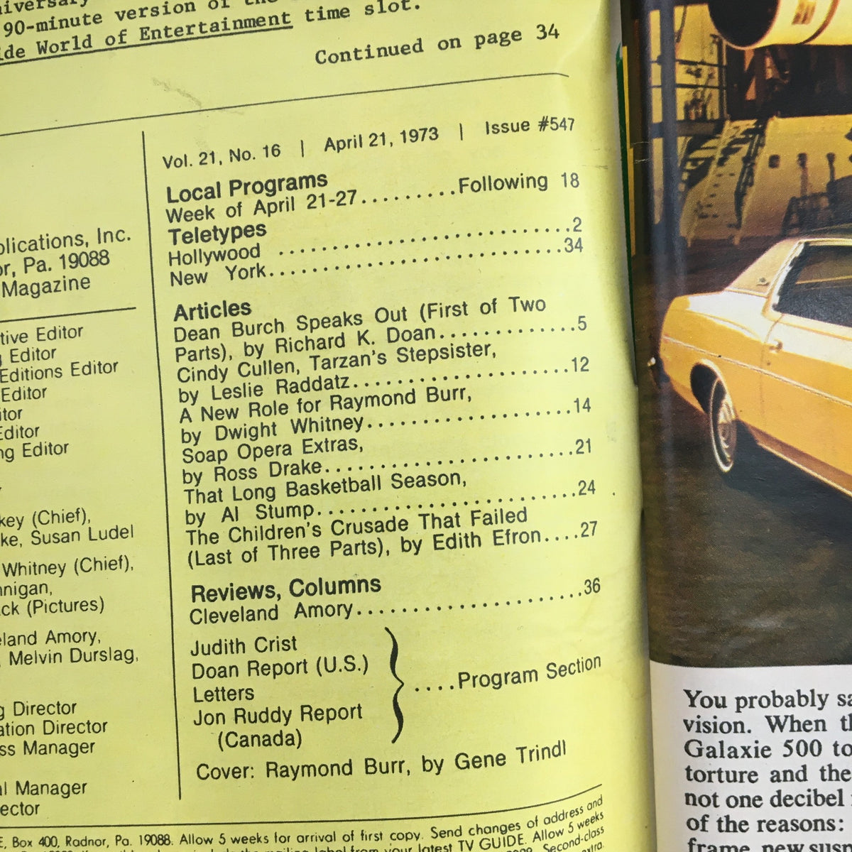 Content page from TV Guide Magazine April 21 1973 featuring articles and local programs, showcasing Raymond Burr as Pope John XXIII, L.A. Edition.