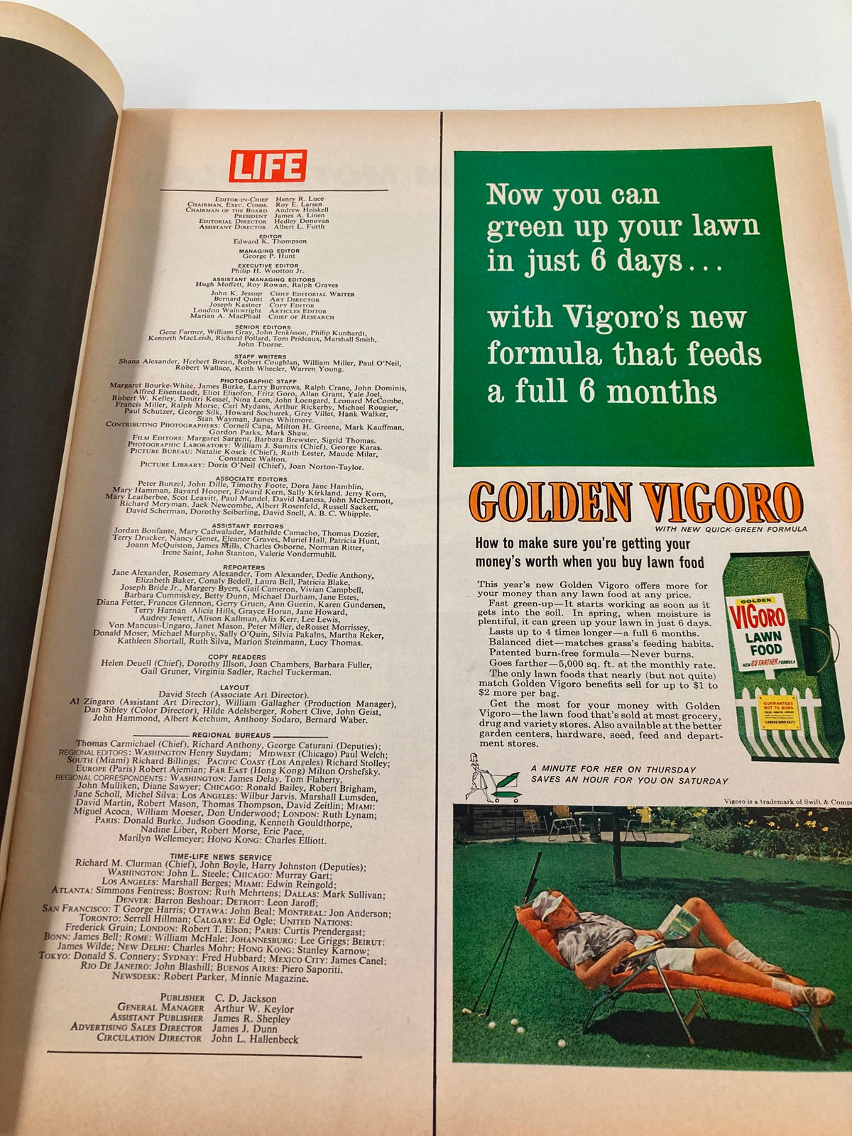 Inside page of VTG Life Magazine April 13 1962 featuring editor and publication details with an advertisement for Golden Vigoro lawn food.