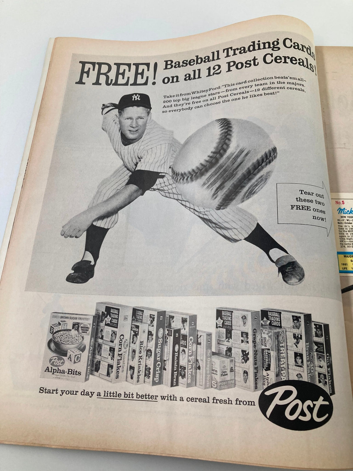 VTG Life Magazine April 13 1962 featuring a baseball trading card advertisement with Whitey Ford promoting Post cereals.
