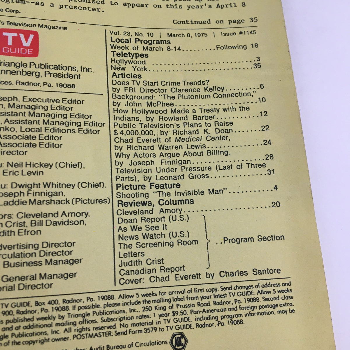 TV Guide Magazine March 8 1975 The Plutonium Collection, featuring Chad Everett, showcasing articles and advertisements from the era.