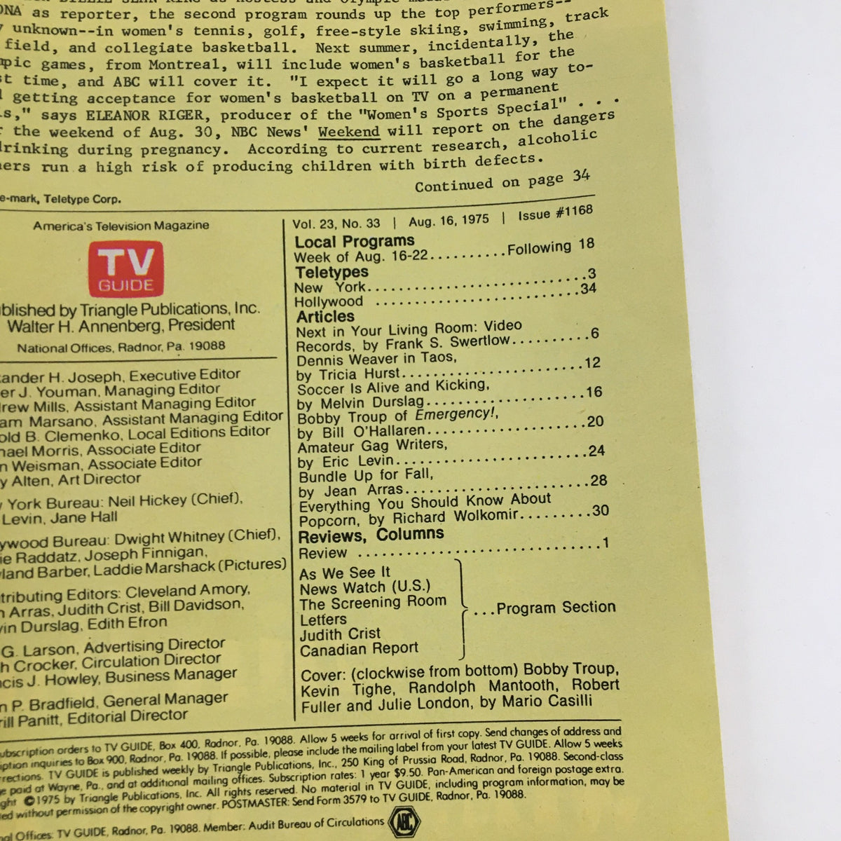 Back cover of TV Guide Magazine from August 16, 1975, displaying the magazine's editorial content and articles, including features related to 'Emergency' and other television programs.
