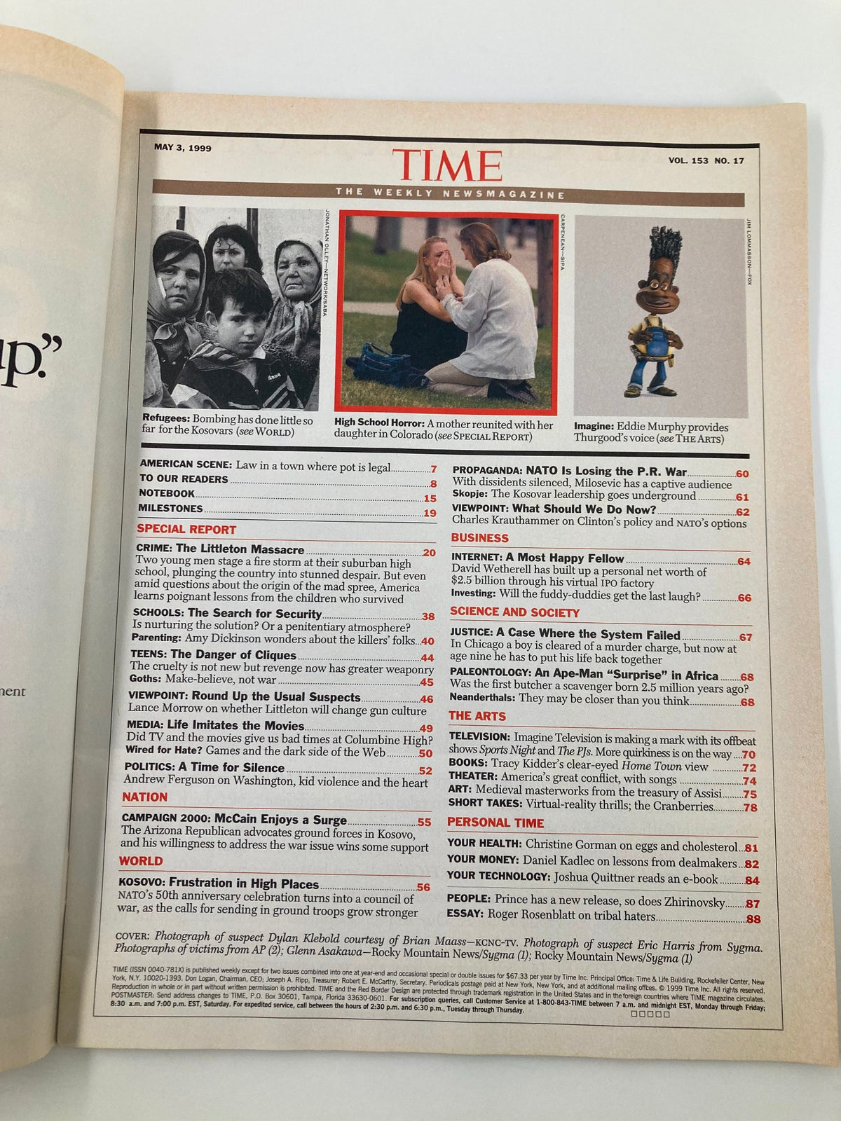 Inside page of Time Magazine from May 3, 1999, detailing the contents including the special report on the Littleton massacre.