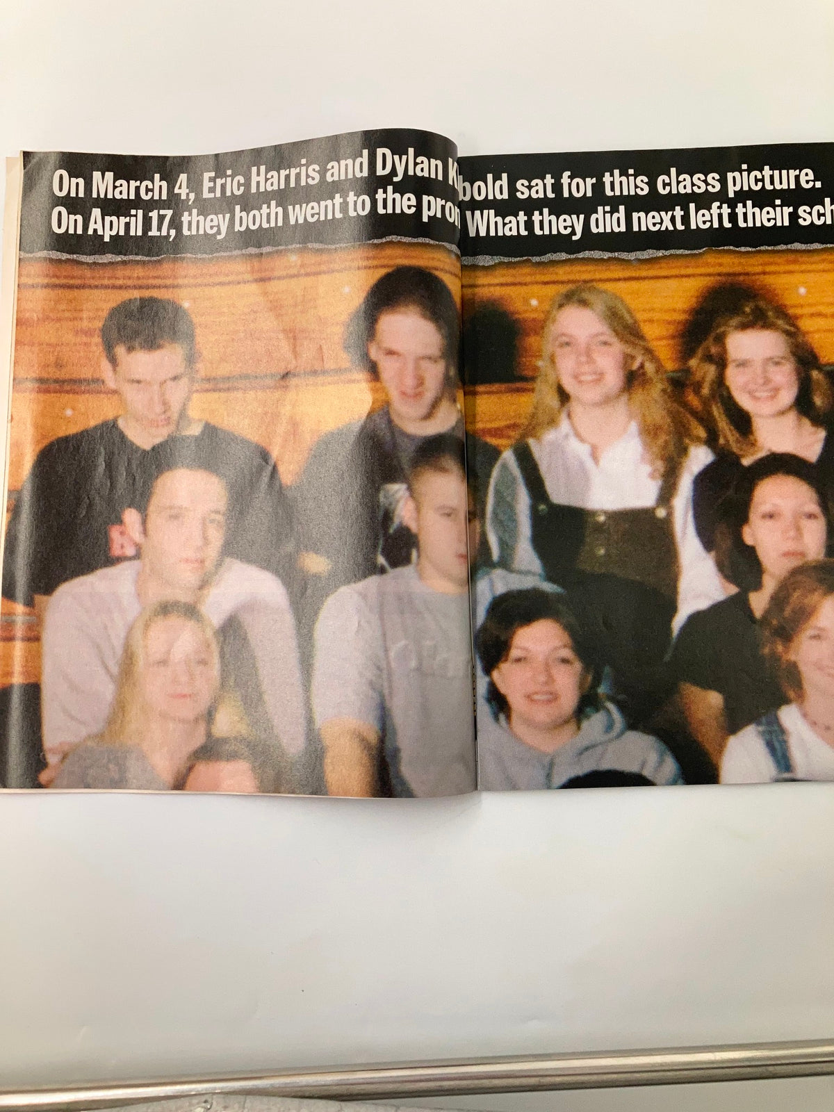 Time Magazine May 3, 1999, featuring a class picture of Dylan Klebold and Eric Harris with fellow students, highlighting the backdrop of their lives before the Columbine tragedy.