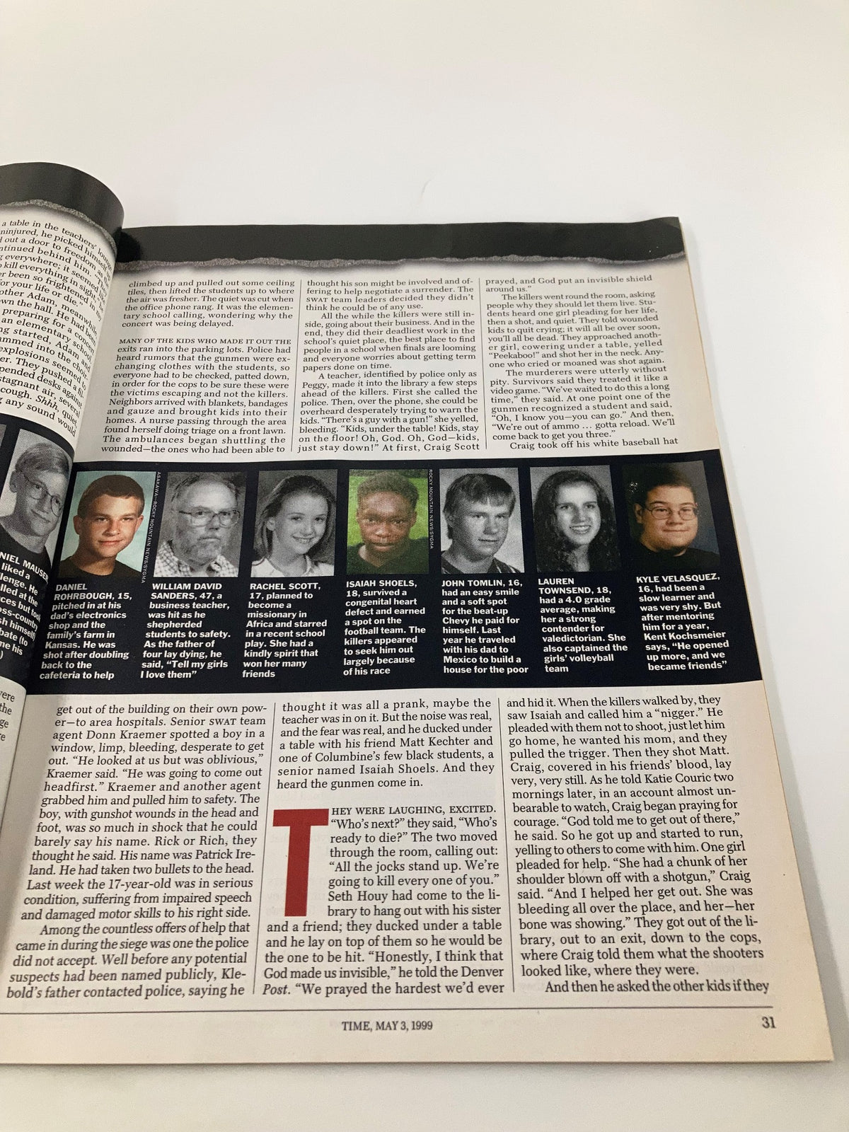 Inside Time Magazine May 3, 1999, featuring an article on the Columbine shooting, showing a collage of victim photographs and descriptions. The issue explores the impact of youth violence and societal implications.