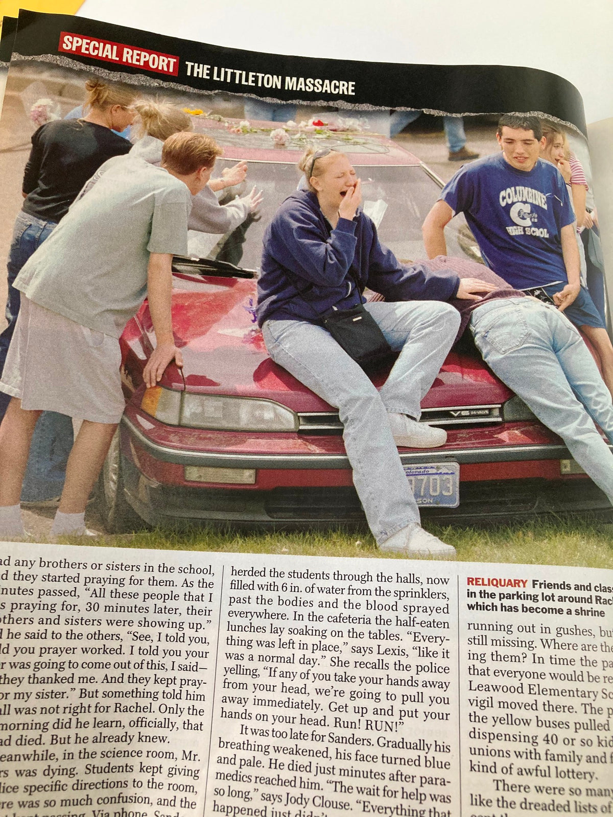 Cover image of Time Magazine May 3, 1999, with a report titled 'The Littleton Massacre,' depicting emotional scenes of students mourning and showing the aftermath of the Columbine shooting.