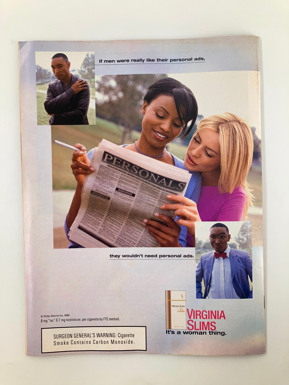 Advertisement from Time Magazine May 3, 1999 for Virginia Slims, featuring two women looking at personal ads in a newspaper, highlighting a cultural commentary alongside the main article.