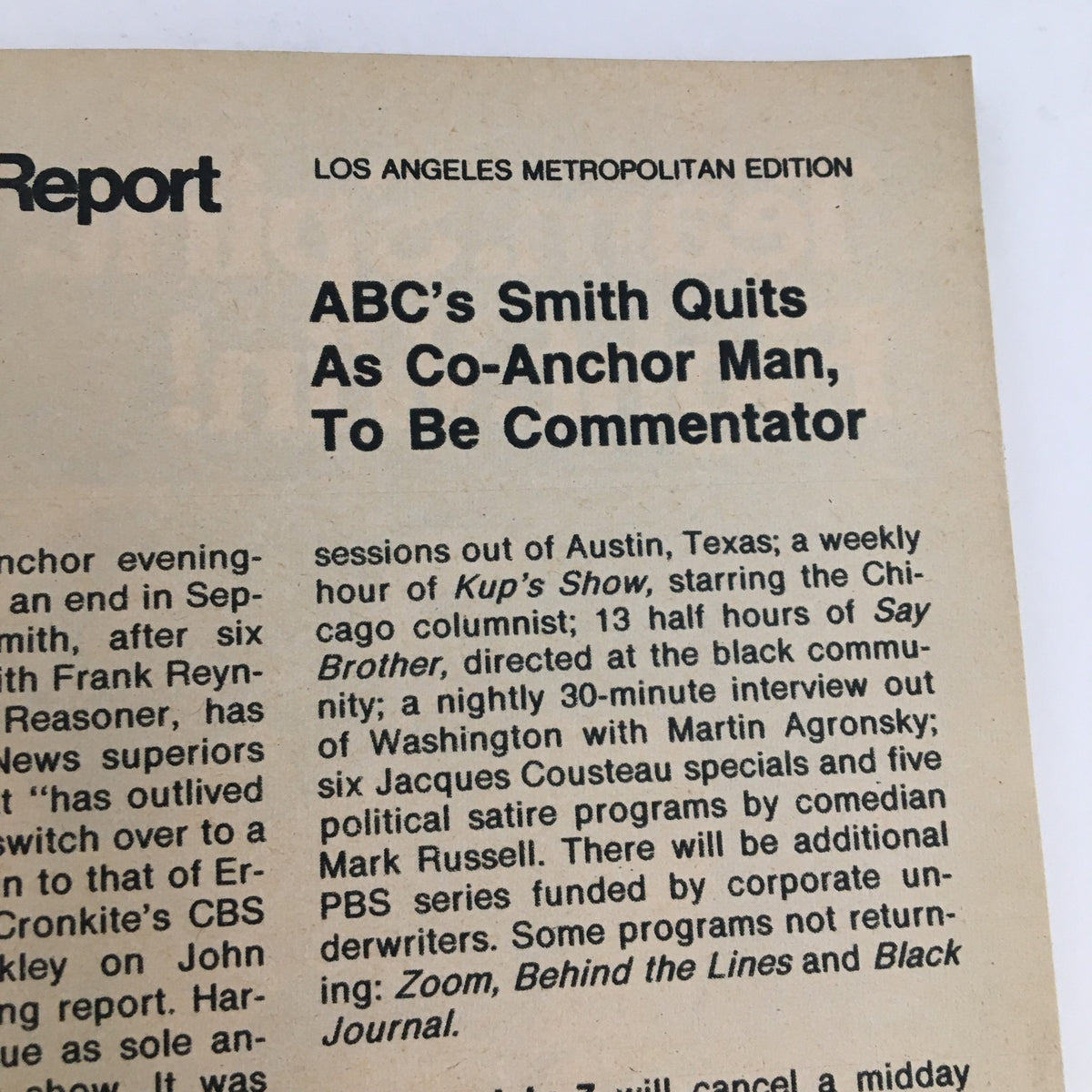 Inside page of TV Guide Magazine dated May 24, 1975, highlighting local program listings and articles, including an ABC news report on co-anchor changes.