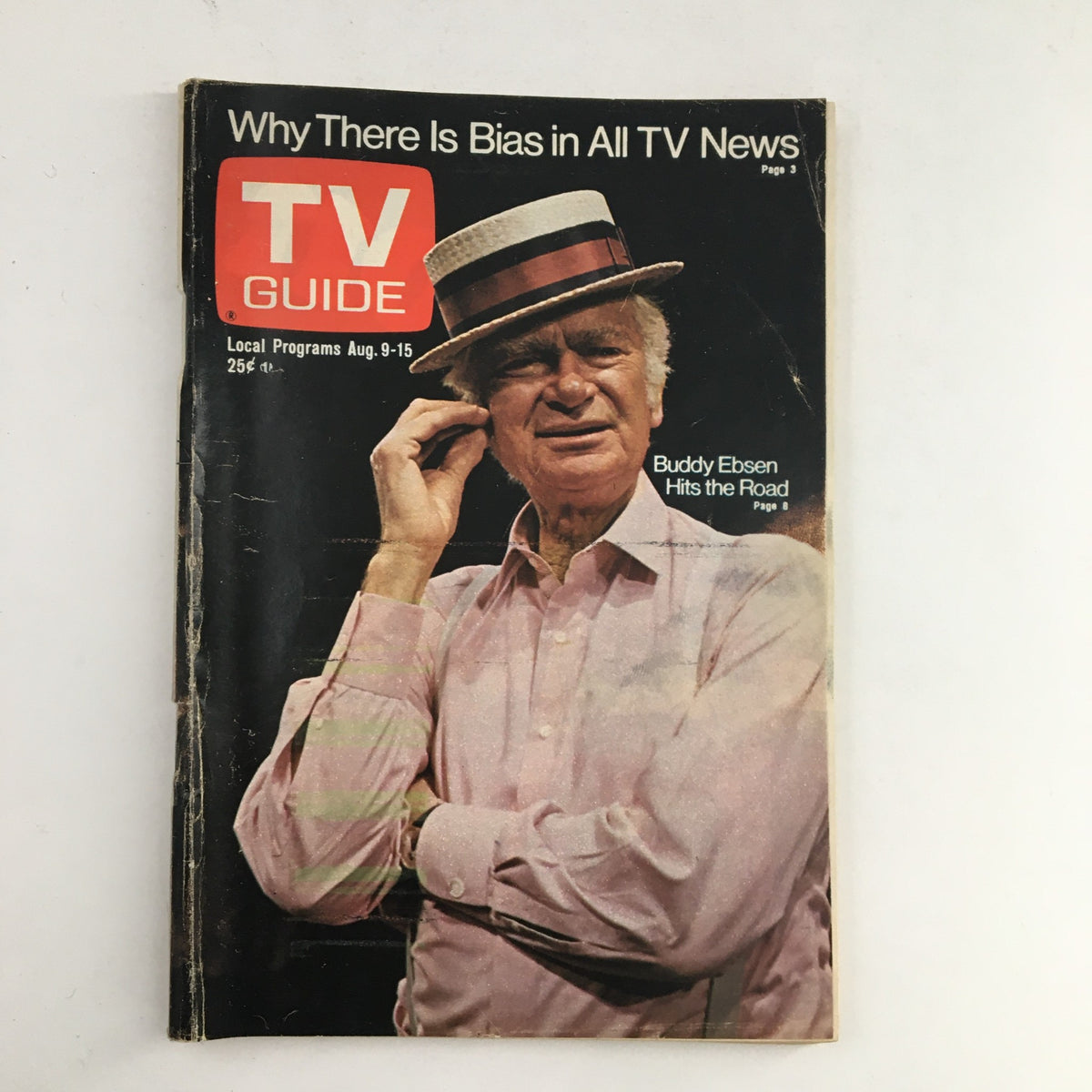 TV Guide Magazine cover from August 9, 1975 featuring Buddy Ebsen Hits The Road, with an article on TV news bias and a vintage design.