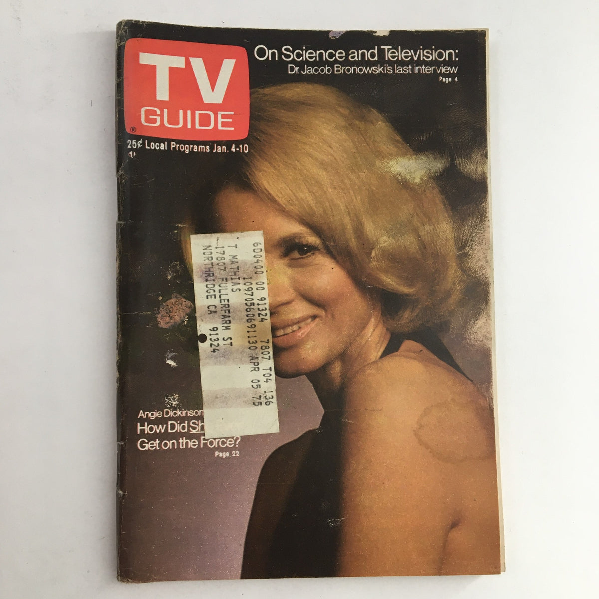 TV Guide Magazine January 4 1975 featuring Angie Dickinson on the cover with an address label. Classic television memorabilia from the L.A. Edition.
