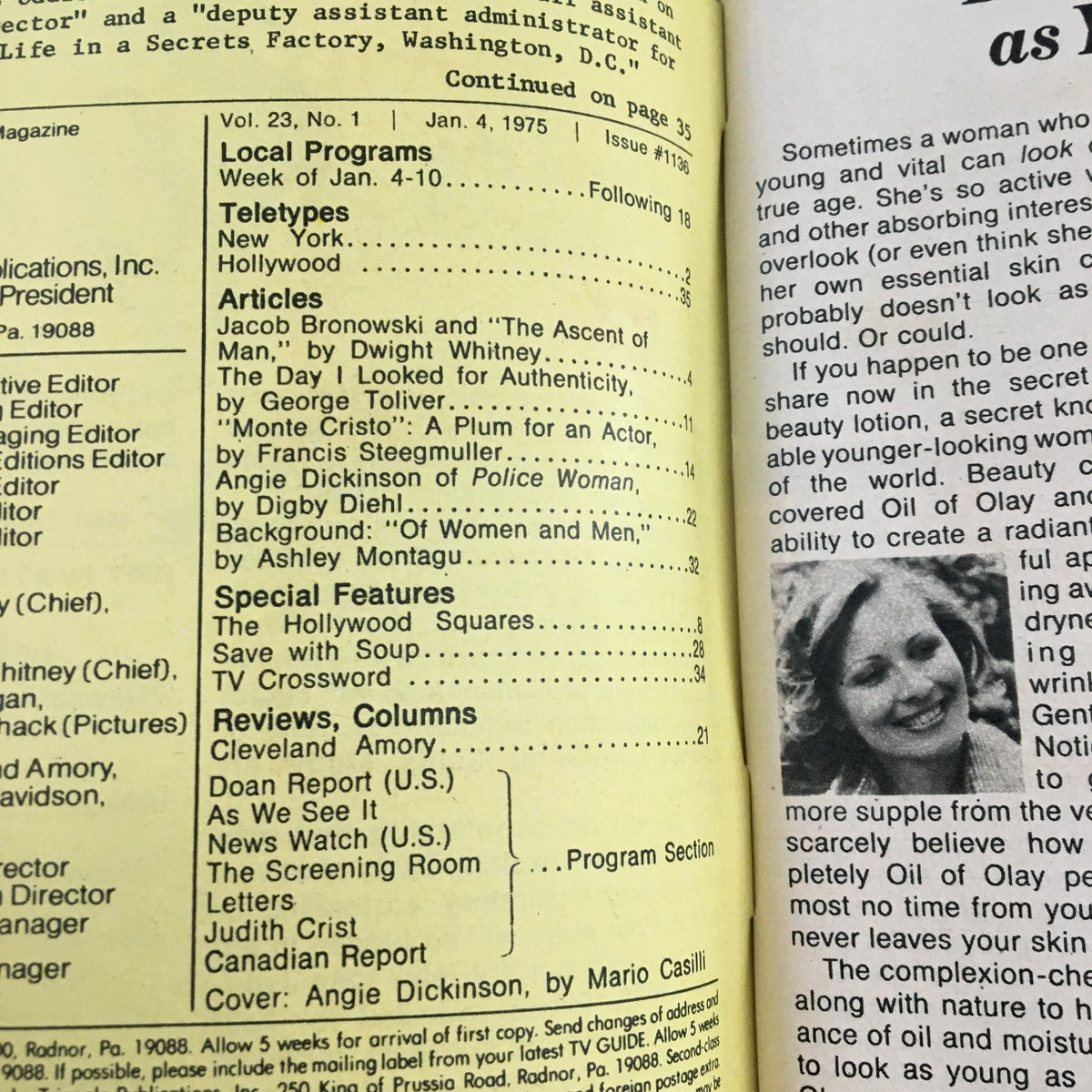 Inside page of TV Guide Magazine January 4 1975 highlighting articles including Jacob Bronowski and Angie Dickinson. A glimpse into 1970s pop culture.
