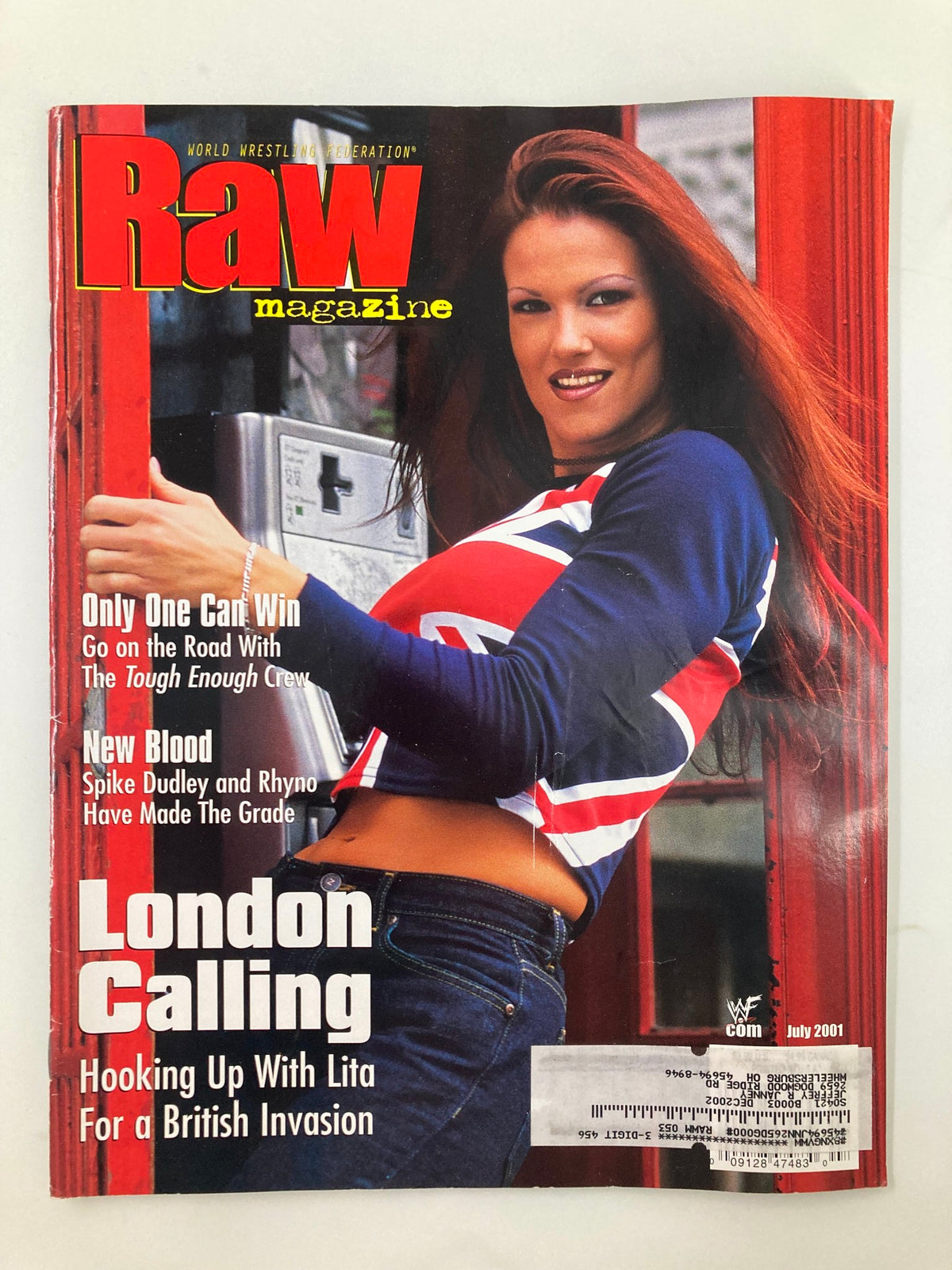 WWF Raw Magazine July 2001 cover featuring Lita, showcasing her in a Union Jack top with the headline 'London Calling' and celebration of British Invasion.