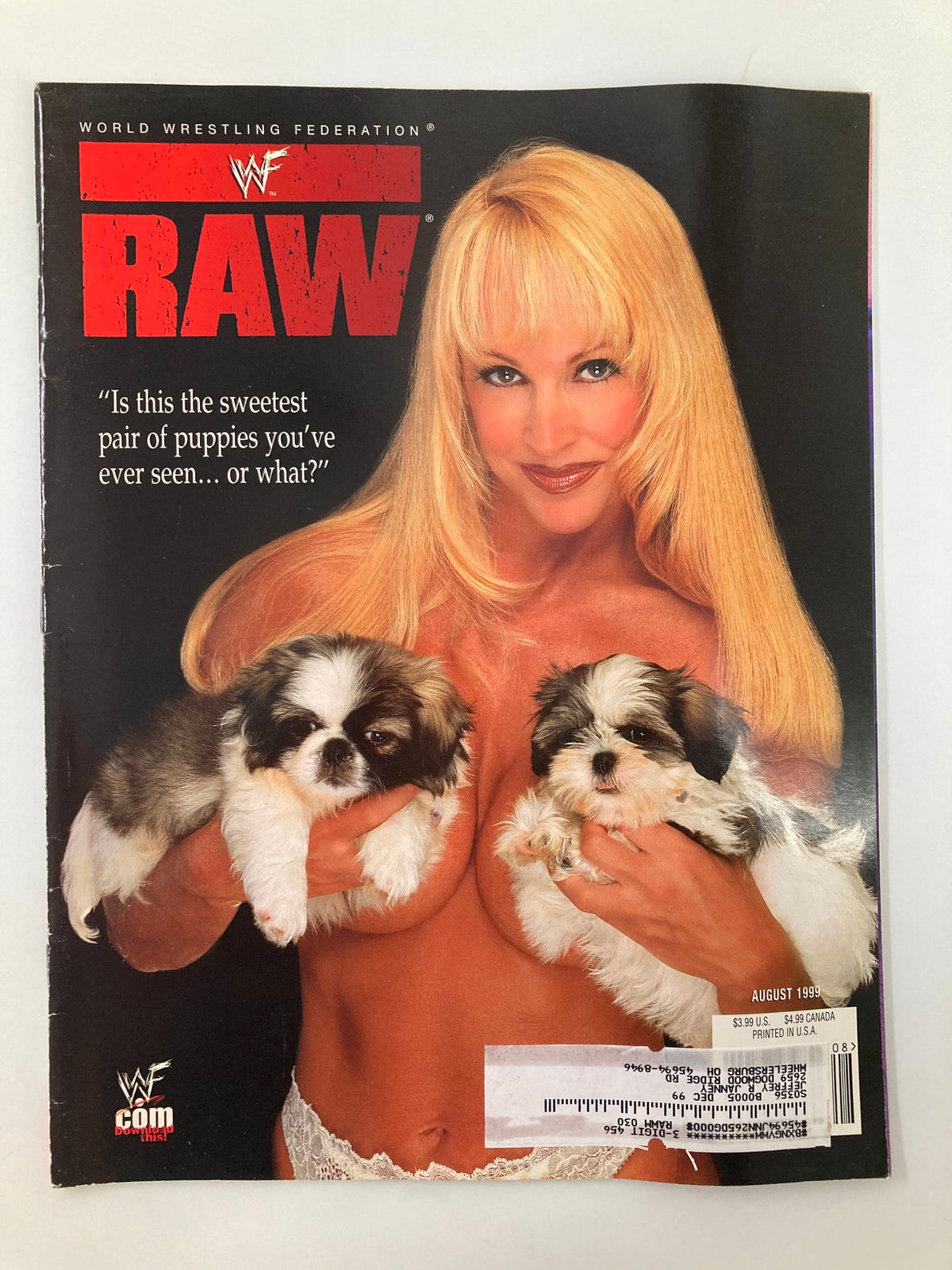 Cover of WWF Raw Magazine August 1999 featuring Debra holding two small puppies with the title 'Is this the sweetest pair of puppies you've ever seen... or what?' The magazine captures a moment from the late 1990s wrestling era, making it a collectible item for fans.