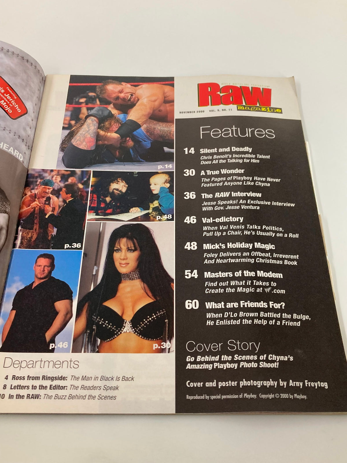 Inside page of WWF Raw Magazine November 2000, highlighting features and articles including Chyna's Amazing Playboy Photo Shoot. The page includes the magazine's table of contents with a focus on wrestling content.