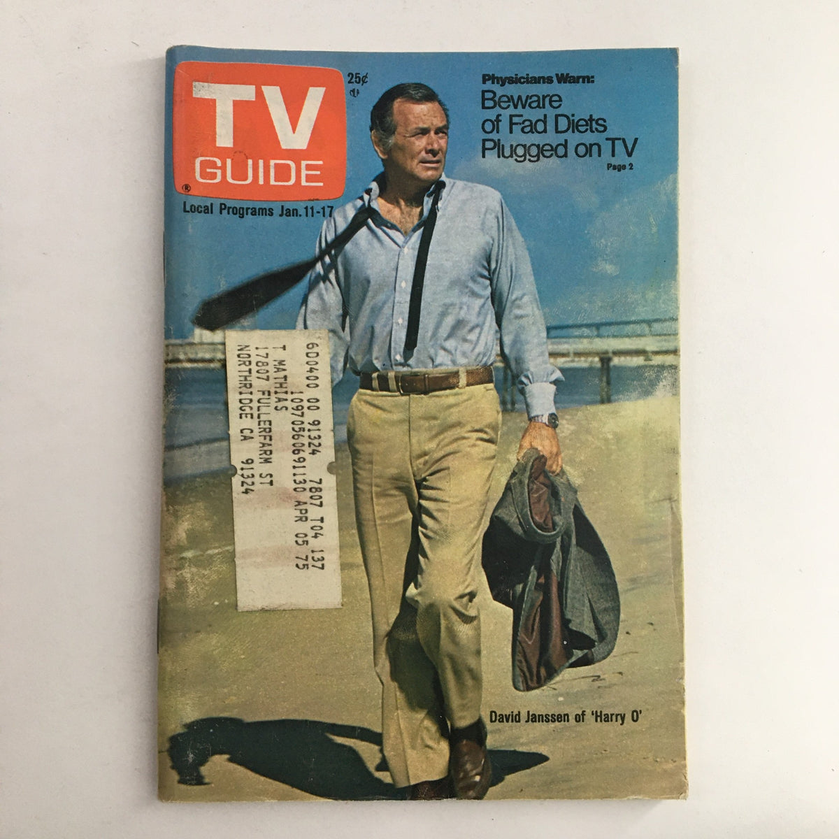 TV Guide Magazine January 11 1975 featuring David Janssen of 'Harry O'. This L.A. Edition showcases the iconic cover with Janssen on a beach, embodying the essence of 1970s television culture.