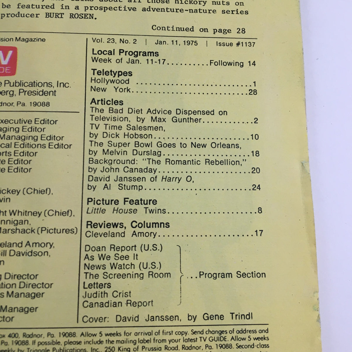 Inside page of TV Guide Magazine January 11, 1975, showing listings and articles including a feature on David Janssen from 'Harry O'.
