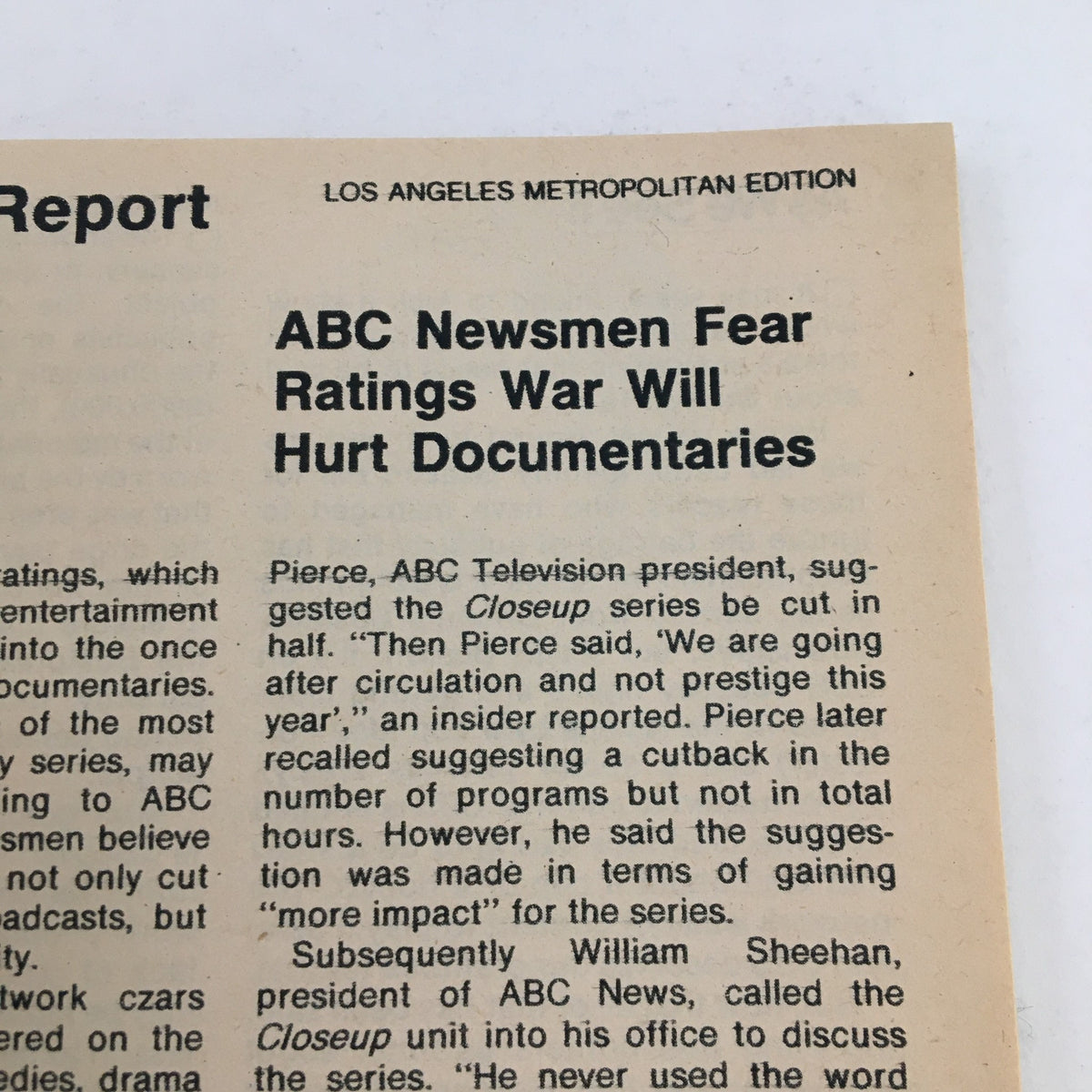 ABC News report excerpt from TV Guide Magazine November 1 1975 discussing the impact of ratings wars on documentaries. A significant piece for collectors of vintage TV publications.