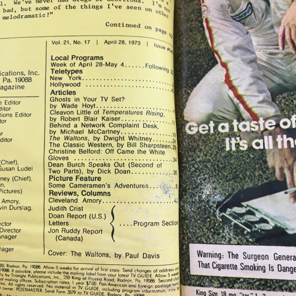 Interior page from TV Guide Magazine April 28 1973, listing articles and program highlights including The Waltons, showcasing the magazine's layout and content from the 1970s.