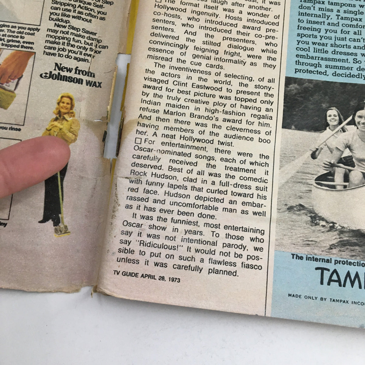 Close-up view of a vintage page from TV Guide Magazine April 28 1973, featuring humorous commentary on the Oscars and a promotional piece for The Waltons.