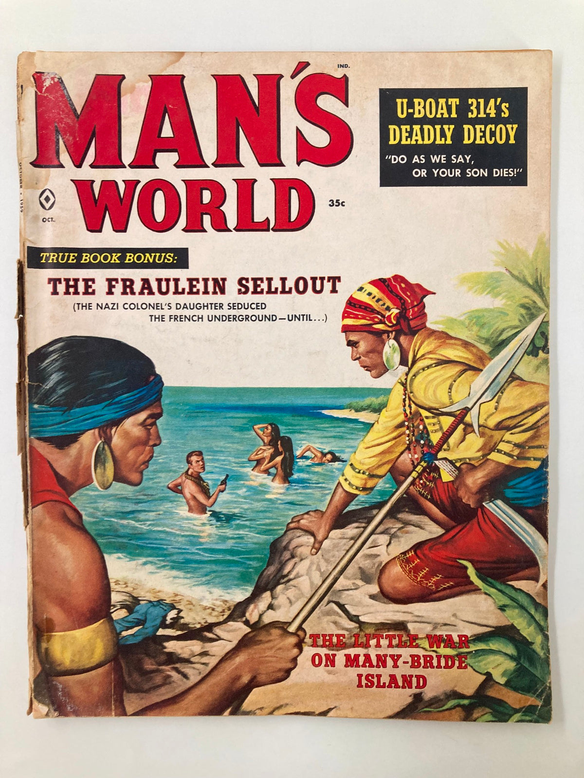 Cover of VTG Man's World Magazine October 1959 featuring the article 'The Fraulein Sellout' with illustrated men by the beach.