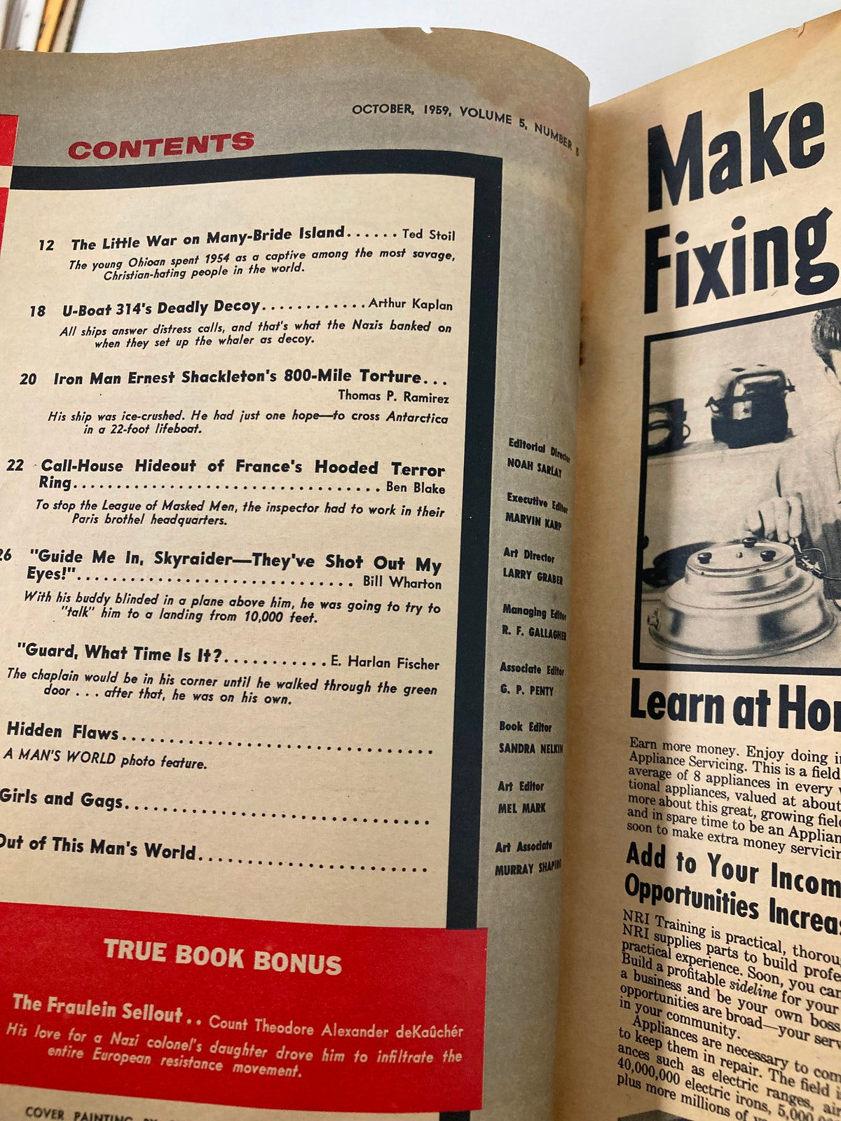 Contents page of VTG Man's World Magazine October 1959 featuring article titles including 'The Fraulein Sellout'.