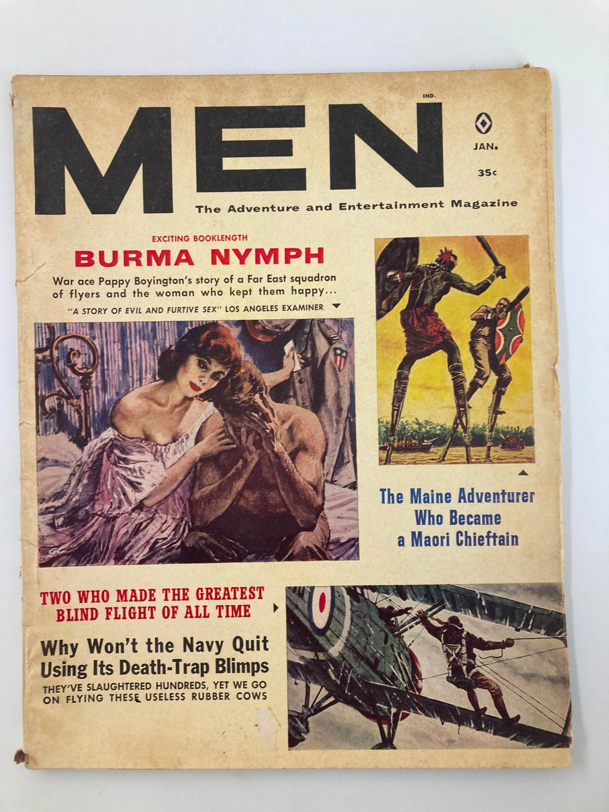 Cover of Men Magazine January 1961 featuring 'The Maine Adventurer Who Became a Maori Chieftain', showcasing bold title and striking imagery.