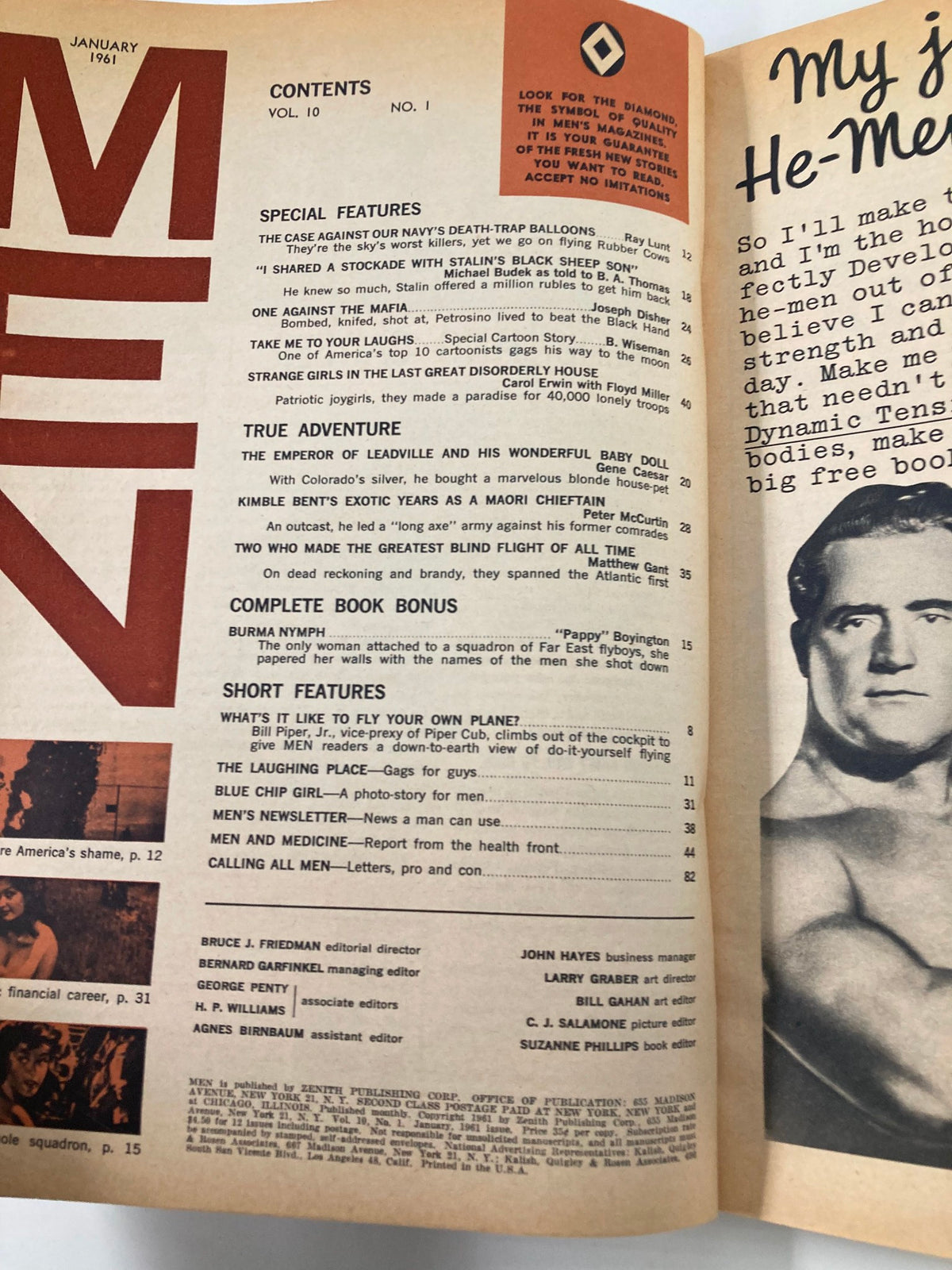 Interior page of Men Magazine January 1961 displaying contents, featuring narratives such as 'The Maine Adventurer Who Became a Maori Chieftain'.