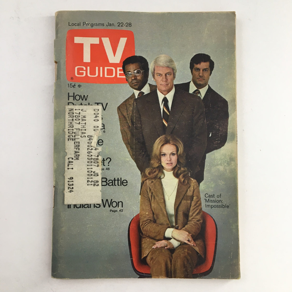 TV Guide Magazine issue from January 22, 1972 featuring the cast of 'Mission Impossible' on the cover, showcasing vintage television history.