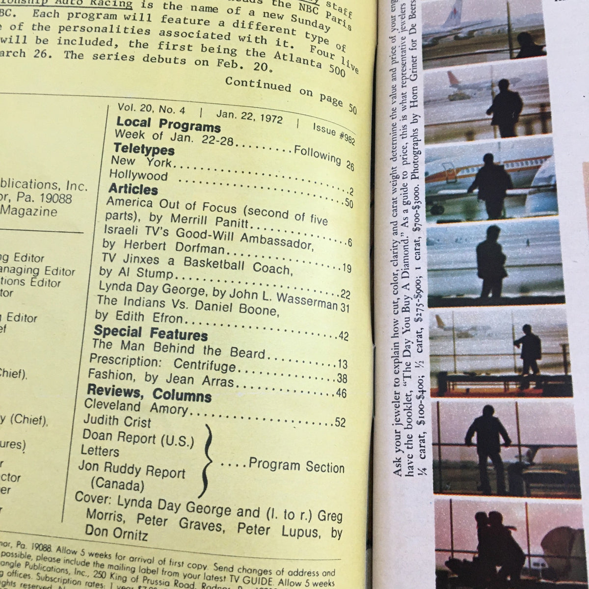 Interior page of the TV Guide Magazine from January 22, 1972, displaying local program listings and special features, providing a glimpse into the magazine's content.