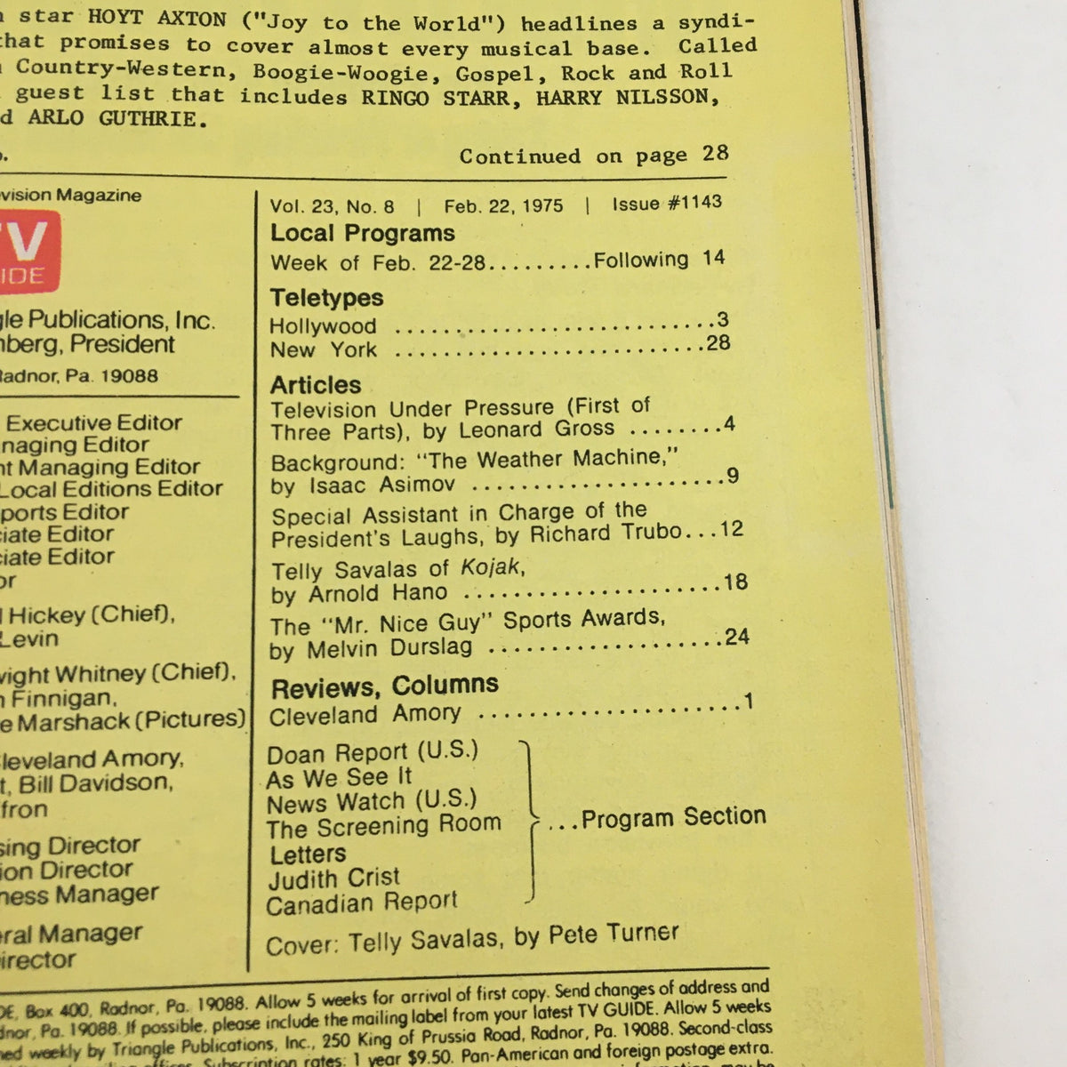 Interior page of TV Guide Magazine February 22 1975 listing articles and features, including Telly Savalas of 'Kojak'.