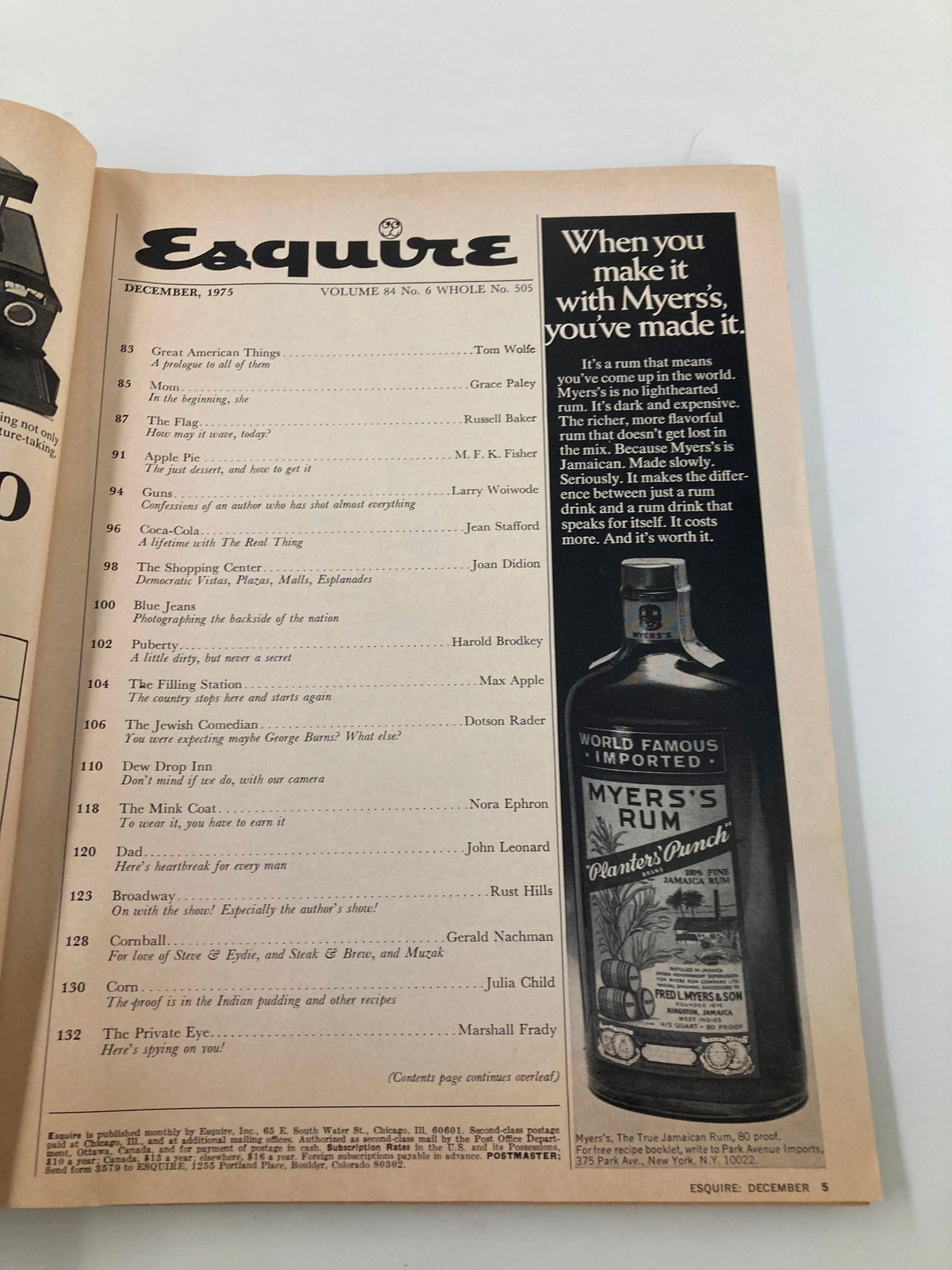 Contents page of the December 1975 Esquire Magazine detailing various articles including 'The Flag' by Russell Baker and 'Mom' by Grace Paley, showcasing the magazine's literary and cultural themes.